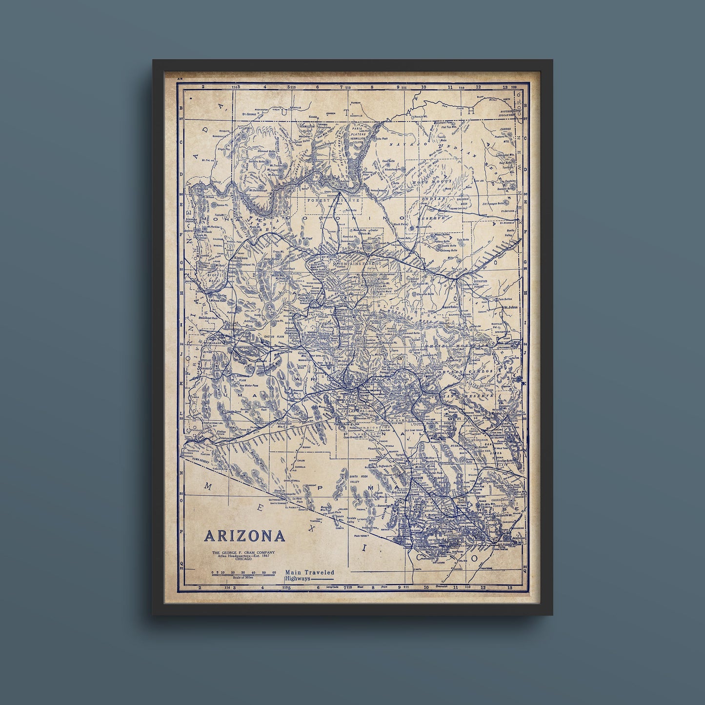 The image is a framed vintage map of Arizona, depicting the state's geographical layout and surrounding areas.