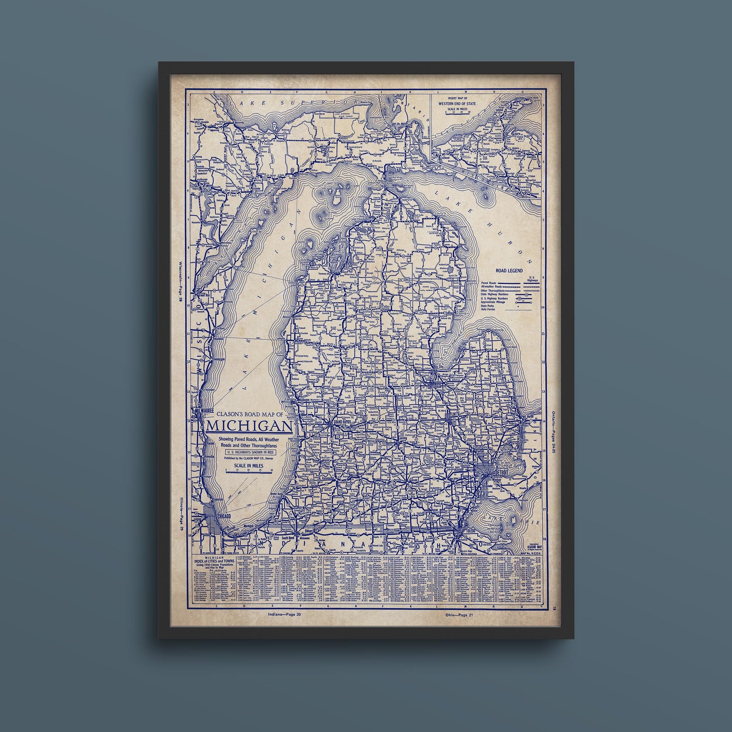 The image is a framed vintage map of Michigan, showing the state's roads and highways in a detailed and detailed manner.