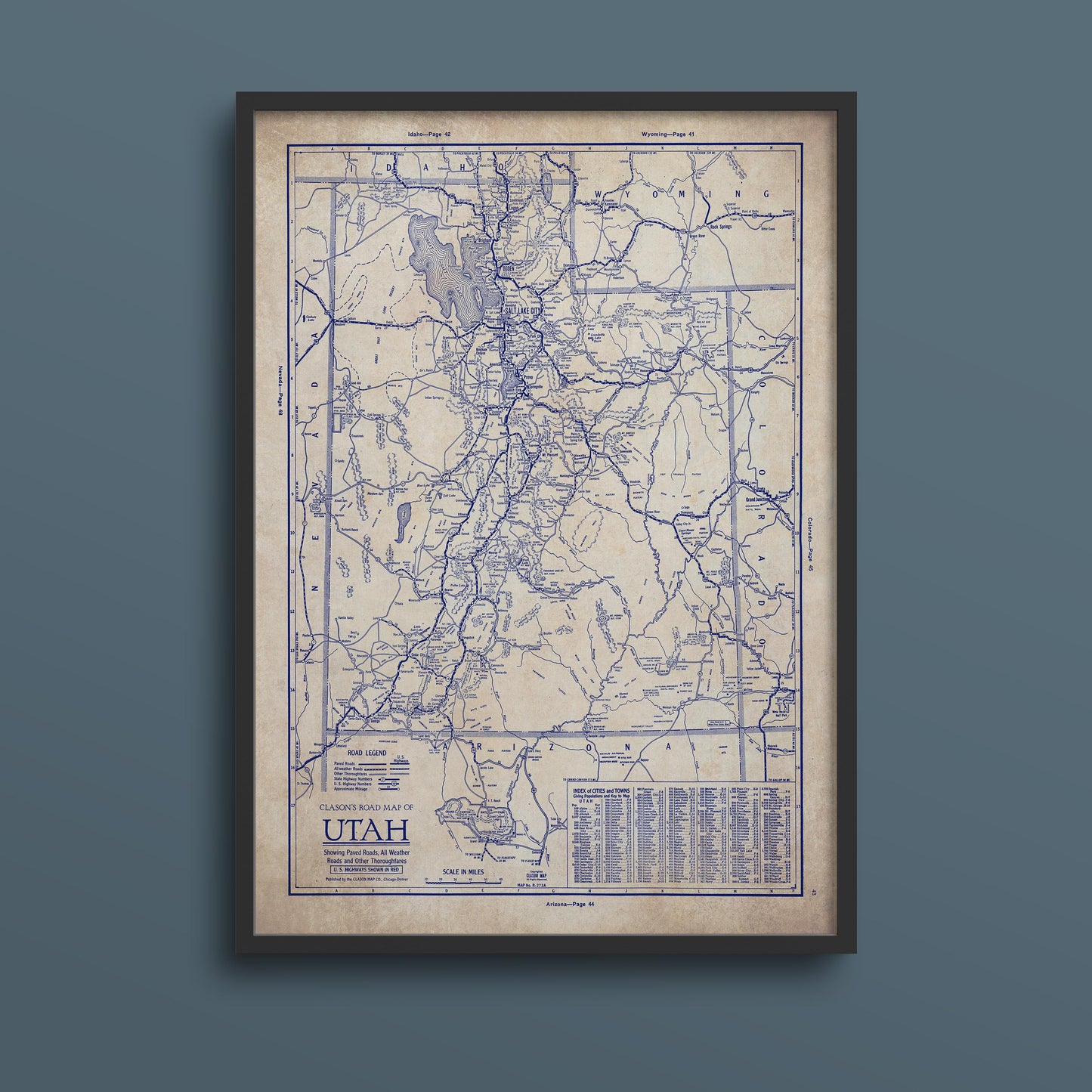 The image is a framed vintage map of the United States, specifically focusing on the state of Utah.