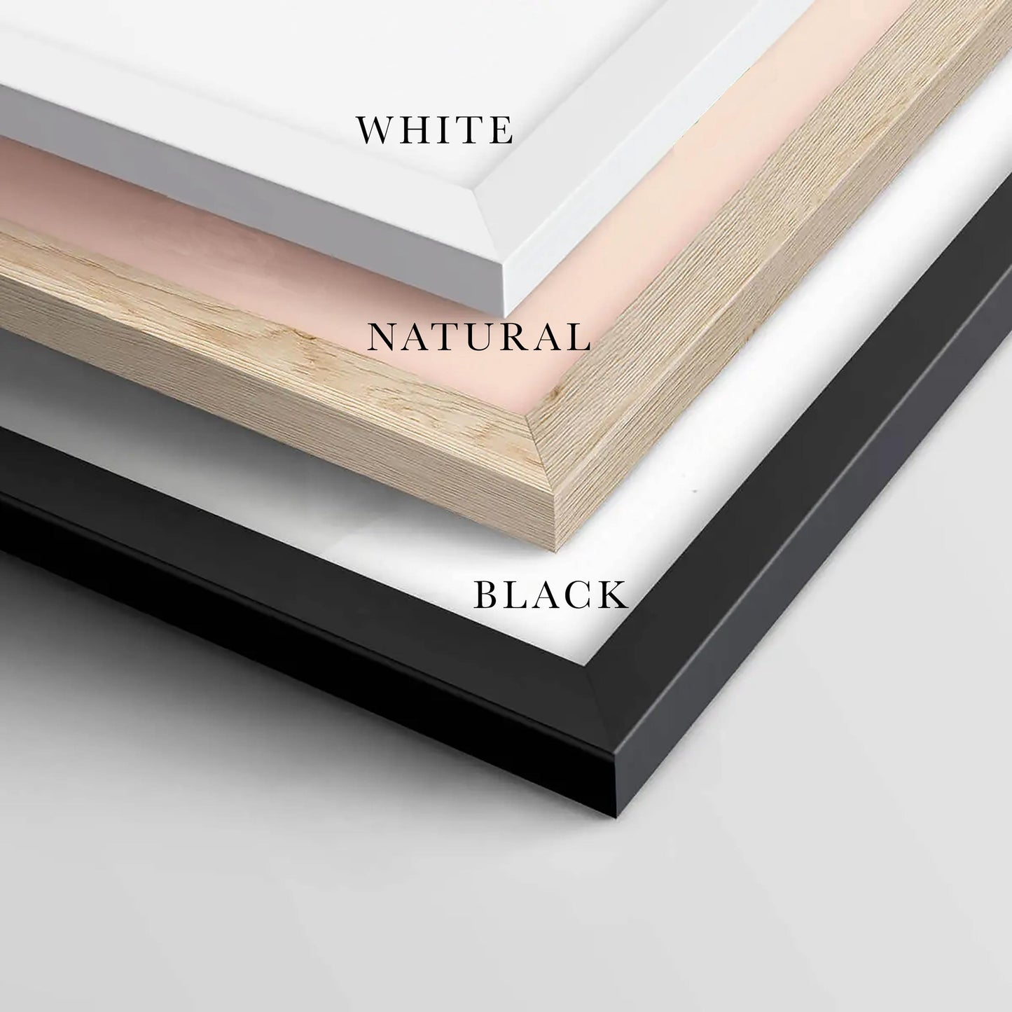 three different colored frames, each labeled with the word "WHITE", "NATURAL", and "BLACK".