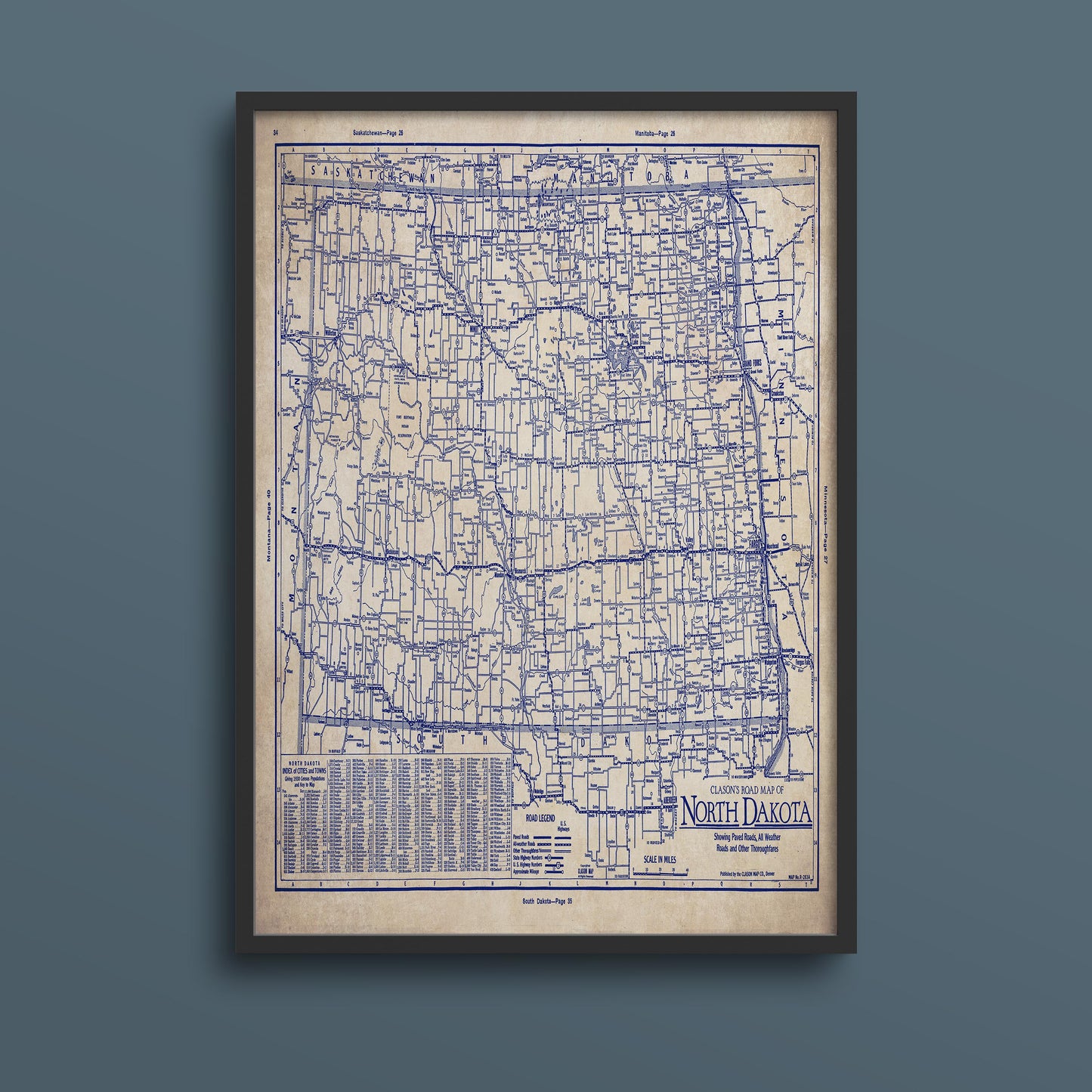 The image is a framed vintage map of North Dakota, depicting the state's roads and highways in a detailed and intricate manner.