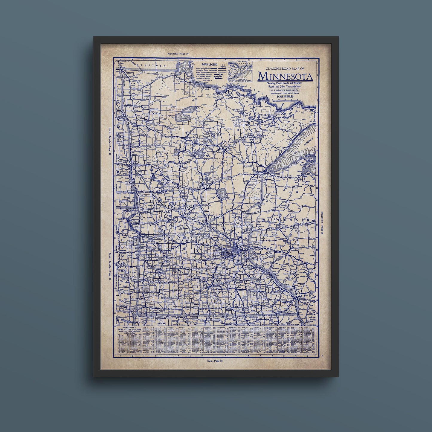 The image is a framed vintage map of Minnesota, showing the state's roads and highways in a detailed and intricate manner.