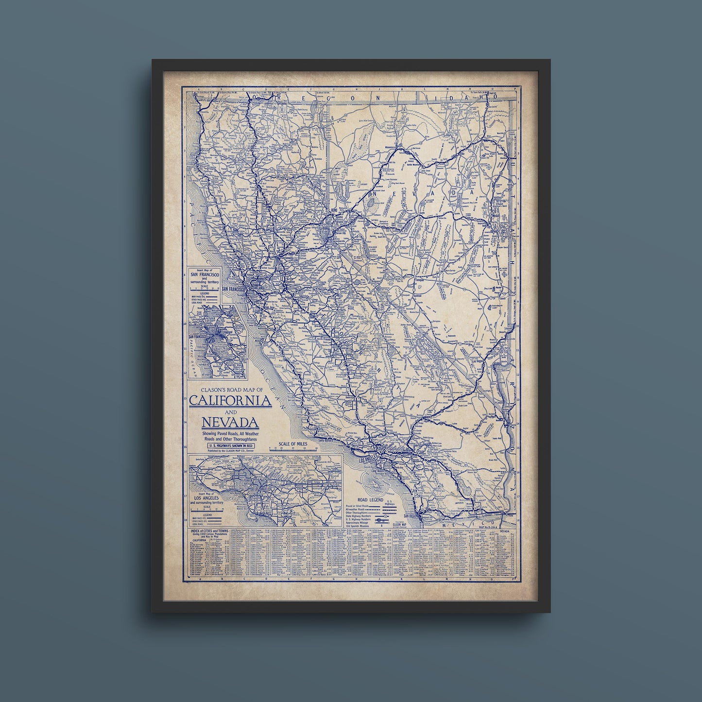 The image is a framed vintage map of California and Nevada, depicting the extensive road networks and geographical layout of the two states.