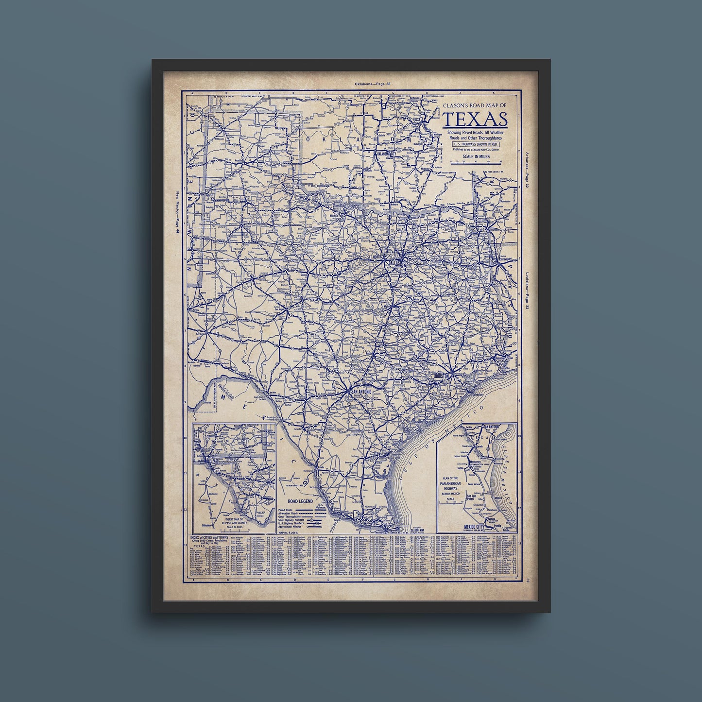 The image is a framed vintage map of Texas, depicting the state's roads and highways in a detailed and intricate manner.