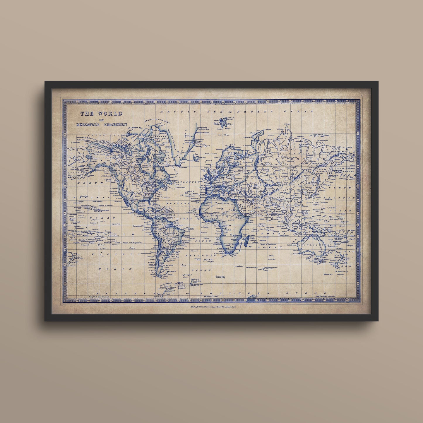 The image is a framed vintage world map with a blue and white color scheme.