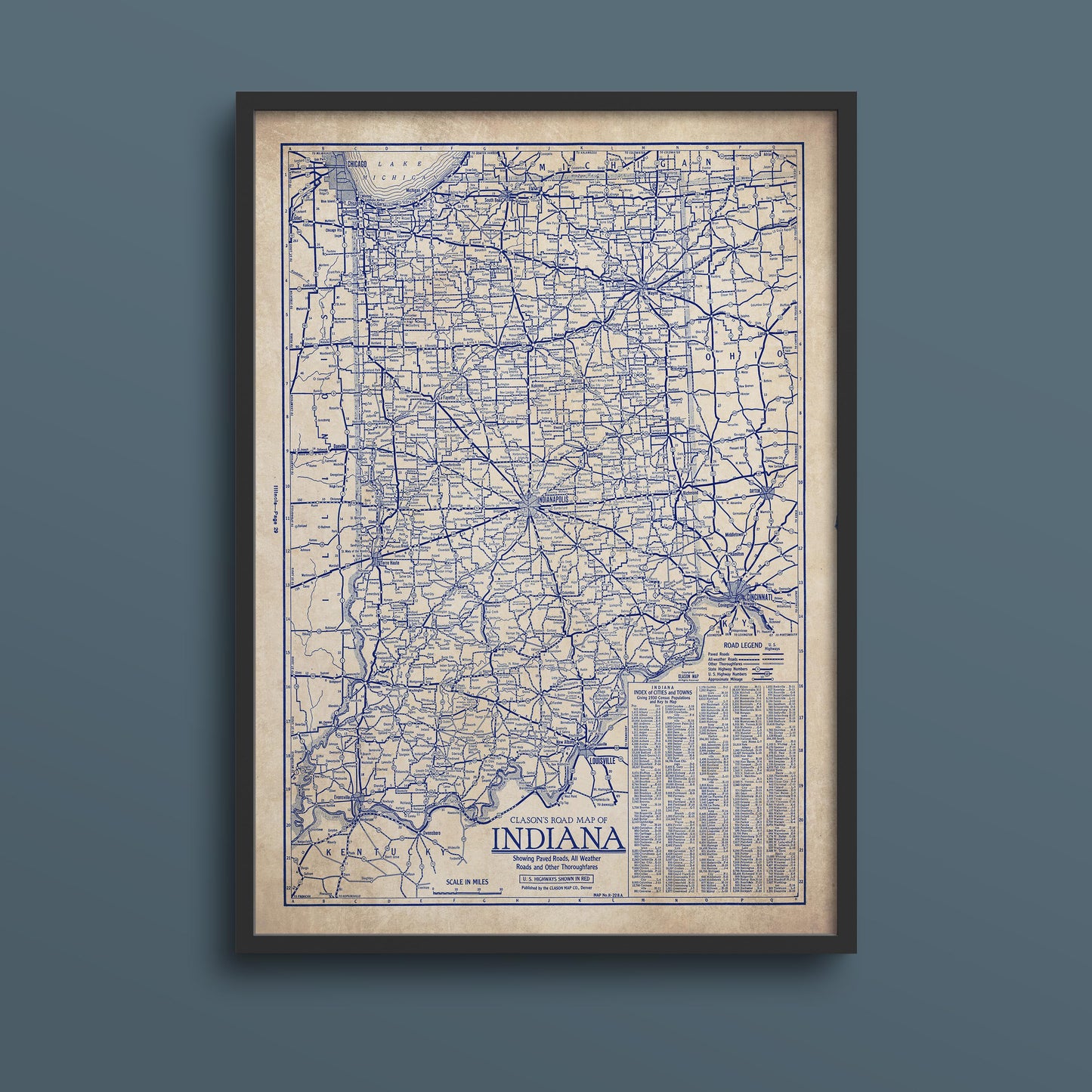 The image is a framed vintage map of Indiana, showing the state's roads and highways in a detailed and detailed manner.