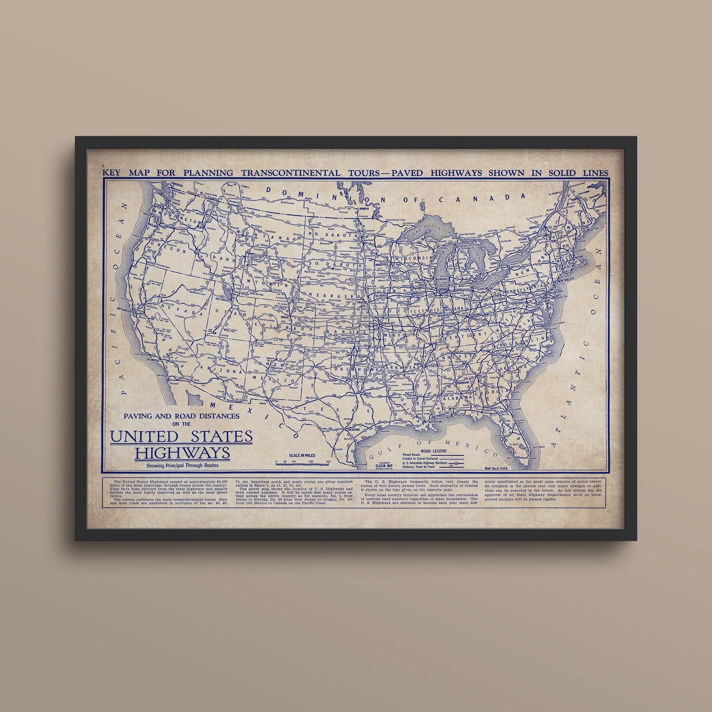 The image is a framed vintage map of the United States highways, depicting the key routes and road systems of the country.