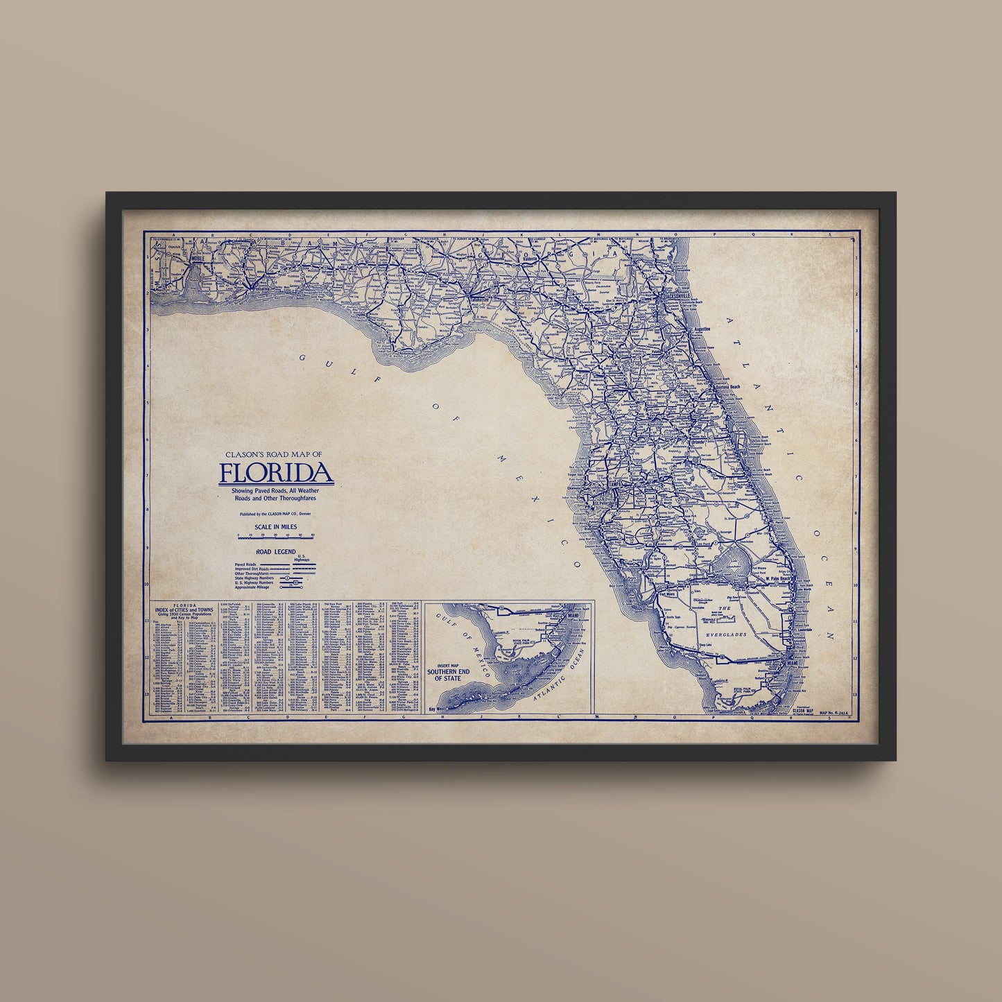 The image is a framed vintage map of Florida, showing the state's roads and highways in blue and white.