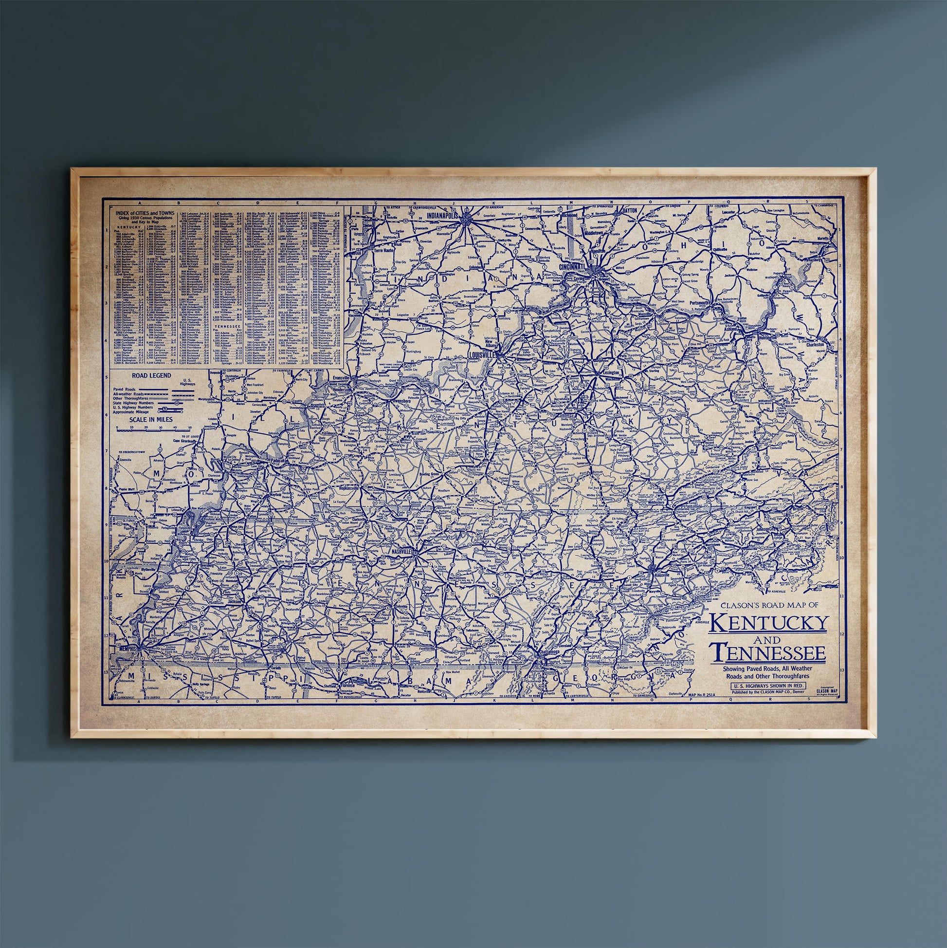 The image is a framed vintage map of Kentucky, Tennessee, and Ohio, depicting the state's road network and surrounding areas.