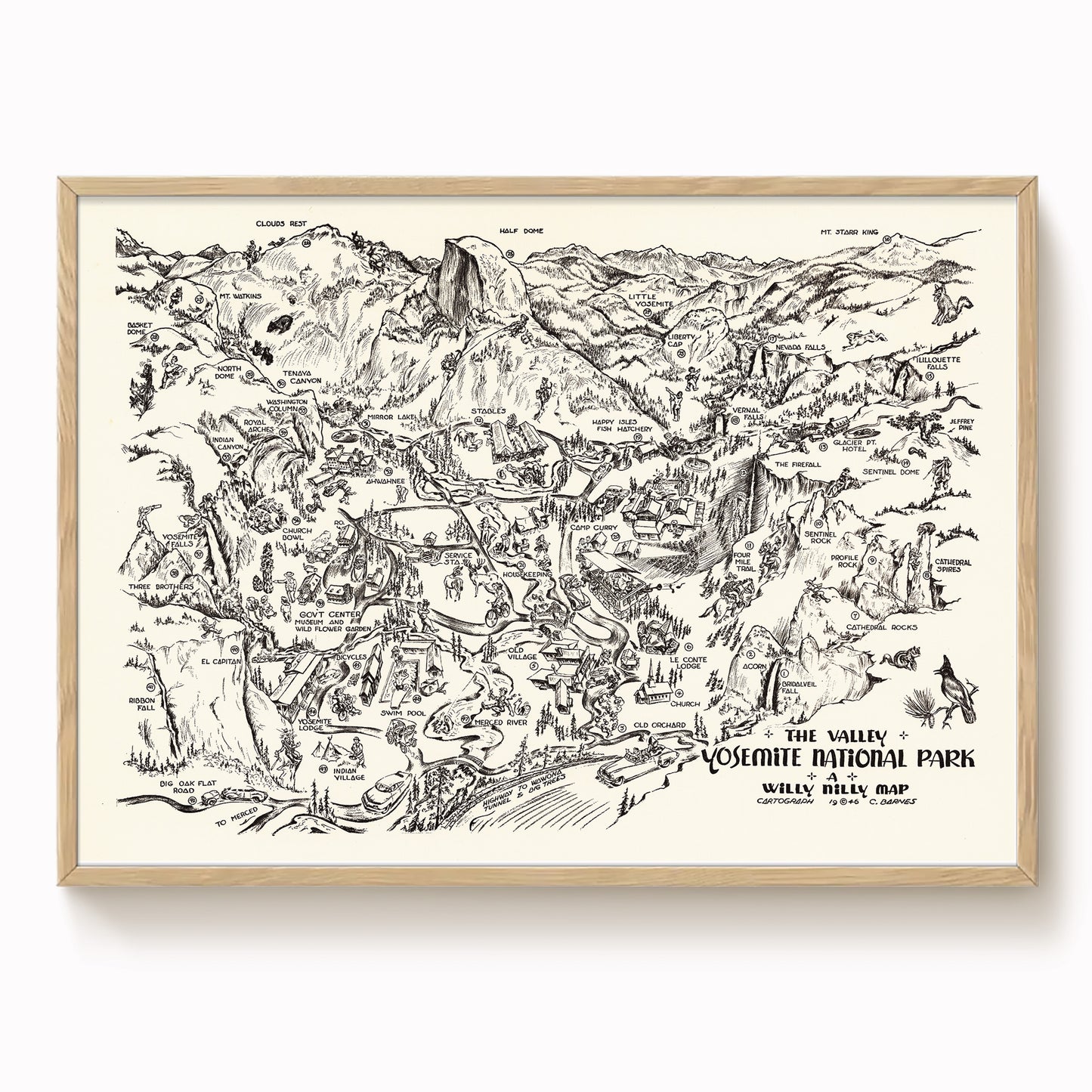 The image is a vintage map of Yosemite National Park, depicting various landmarks and features of the park in a detailed and intricate manner.