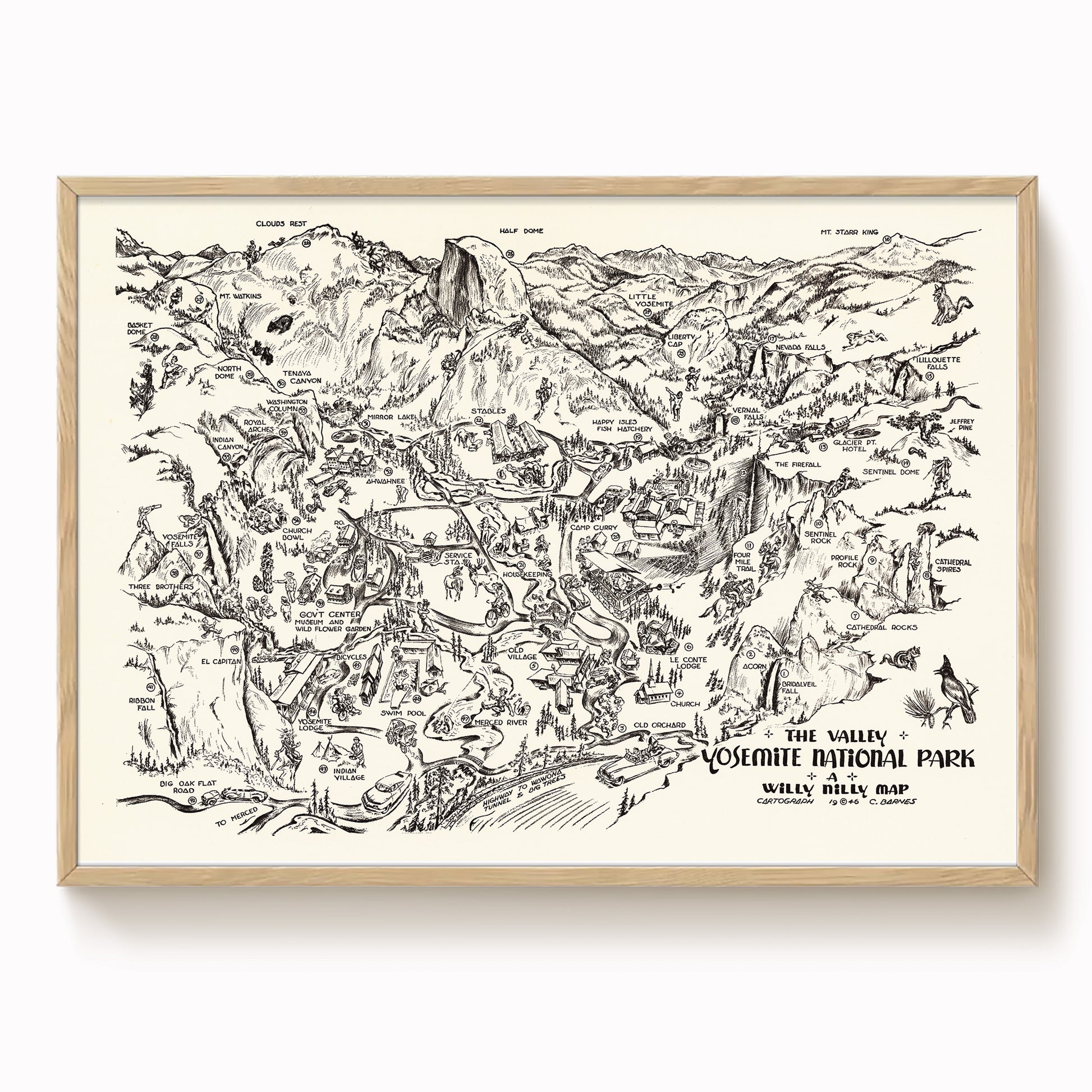 The image is a vintage map of Yosemite National Park, depicting various landmarks and features of the park in a detailed and intricate manner.