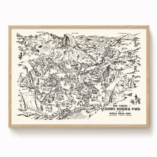 The image is a vintage map of Yosemite National Park, depicting various landmarks and features of the park in a detailed and intricate manner.