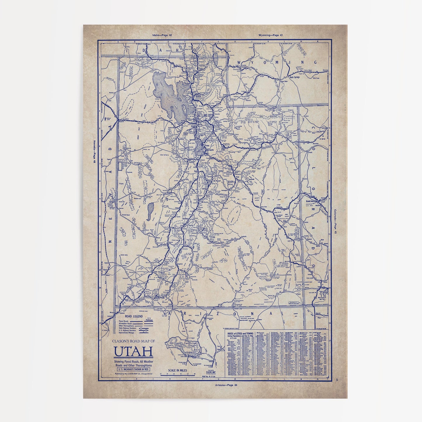 The image is a vintage map of the United States, specifically focusing on the state of Utah.