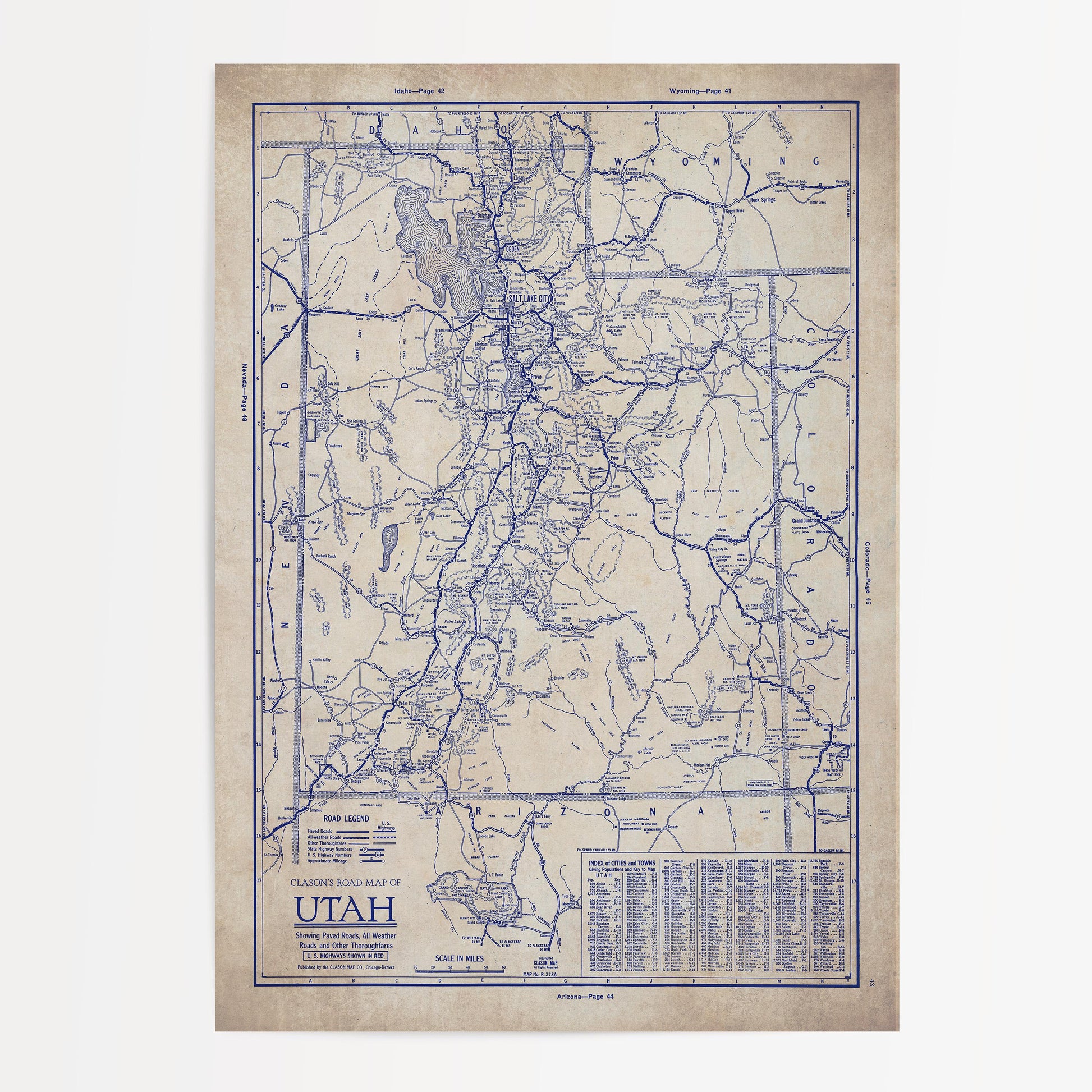 The image is a vintage map of the United States, specifically focusing on the state of Utah.