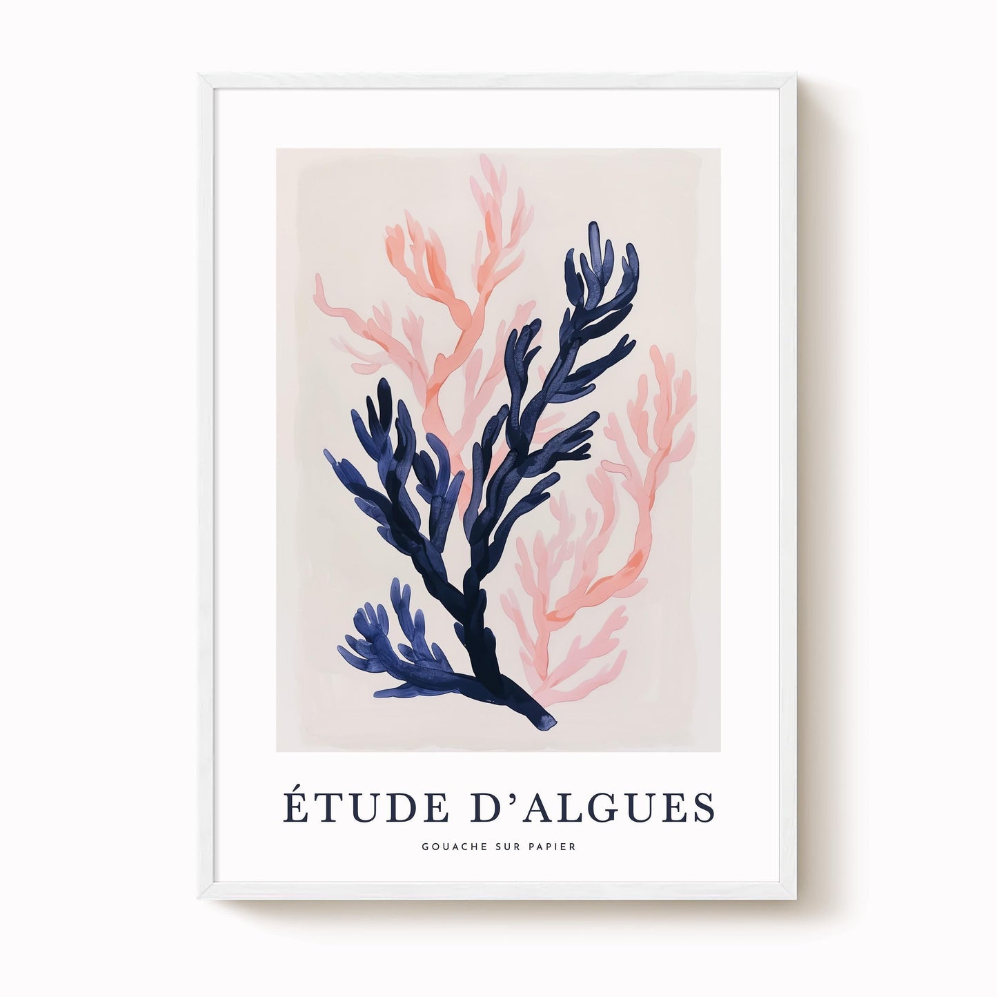 The image is a framed print featuring an abstract painting of a coral or plant with blue and pink hues.