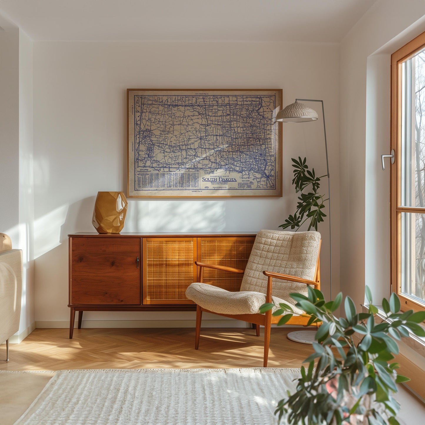 a cozy living room with a wooden cabinet, a comfortable armchair, and a large map on the wall.