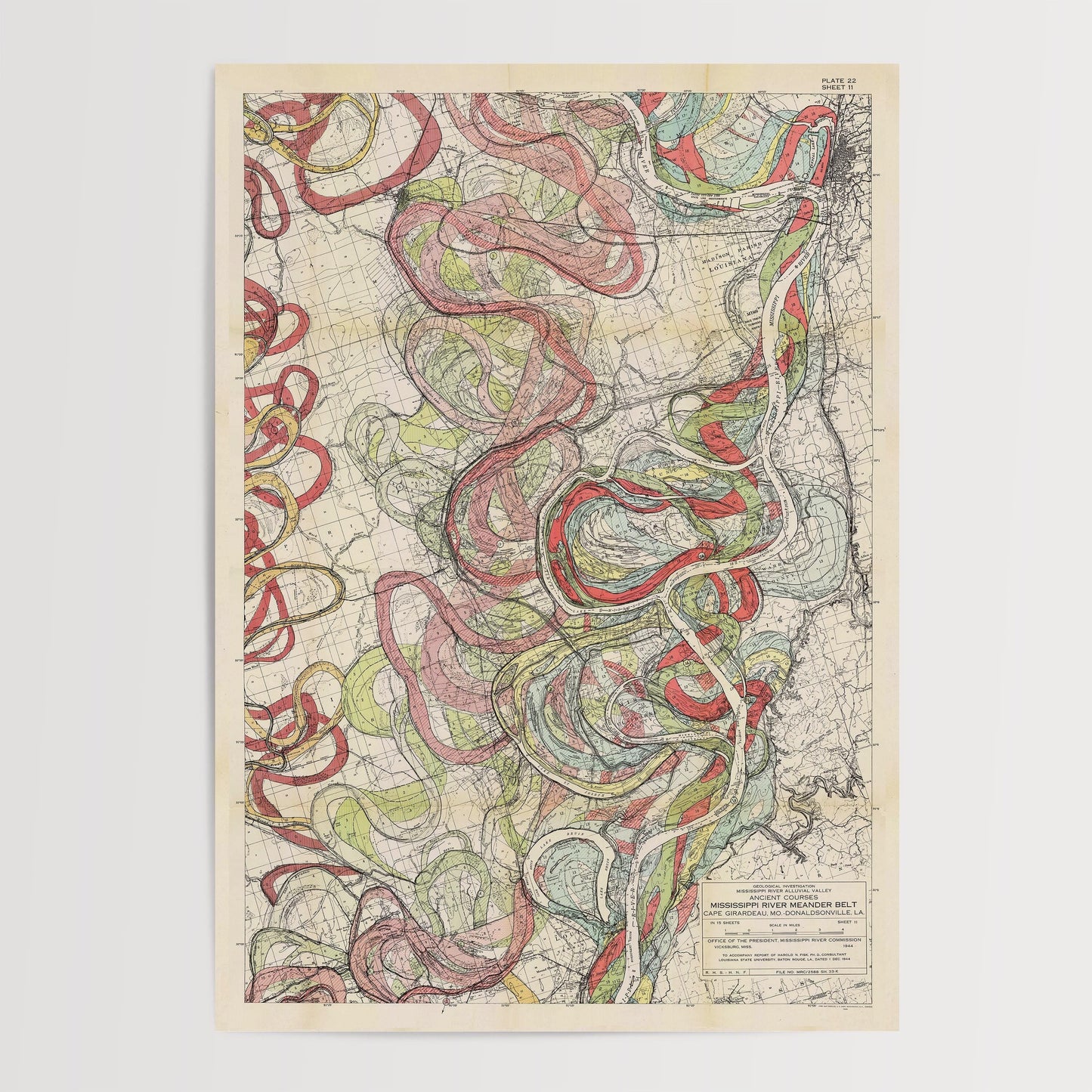 Harold Fisk Mississippi River Map Print, Natchez to Old River, Plate 22, Sheet 11