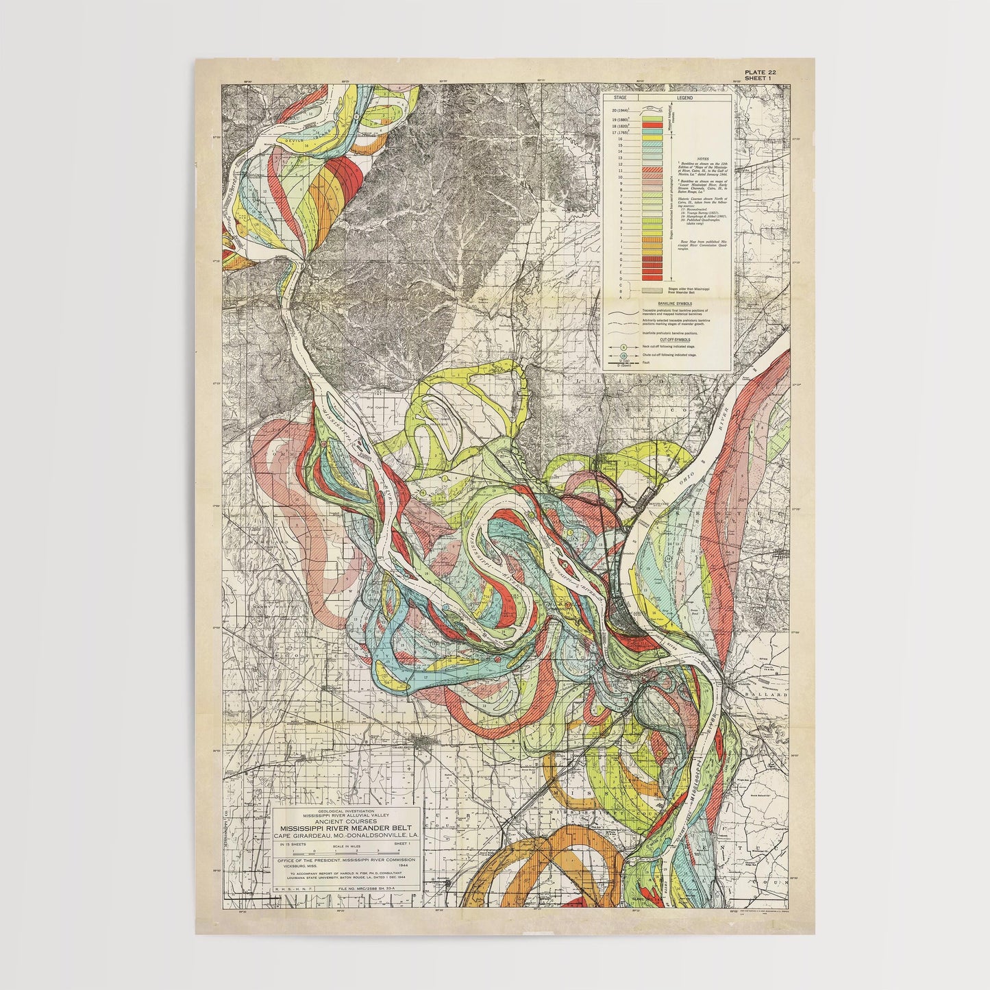 Harold Fisk Mississippi River Map Print, Cairo, IL to Commerce, MO, Plate 22, Sheet 1