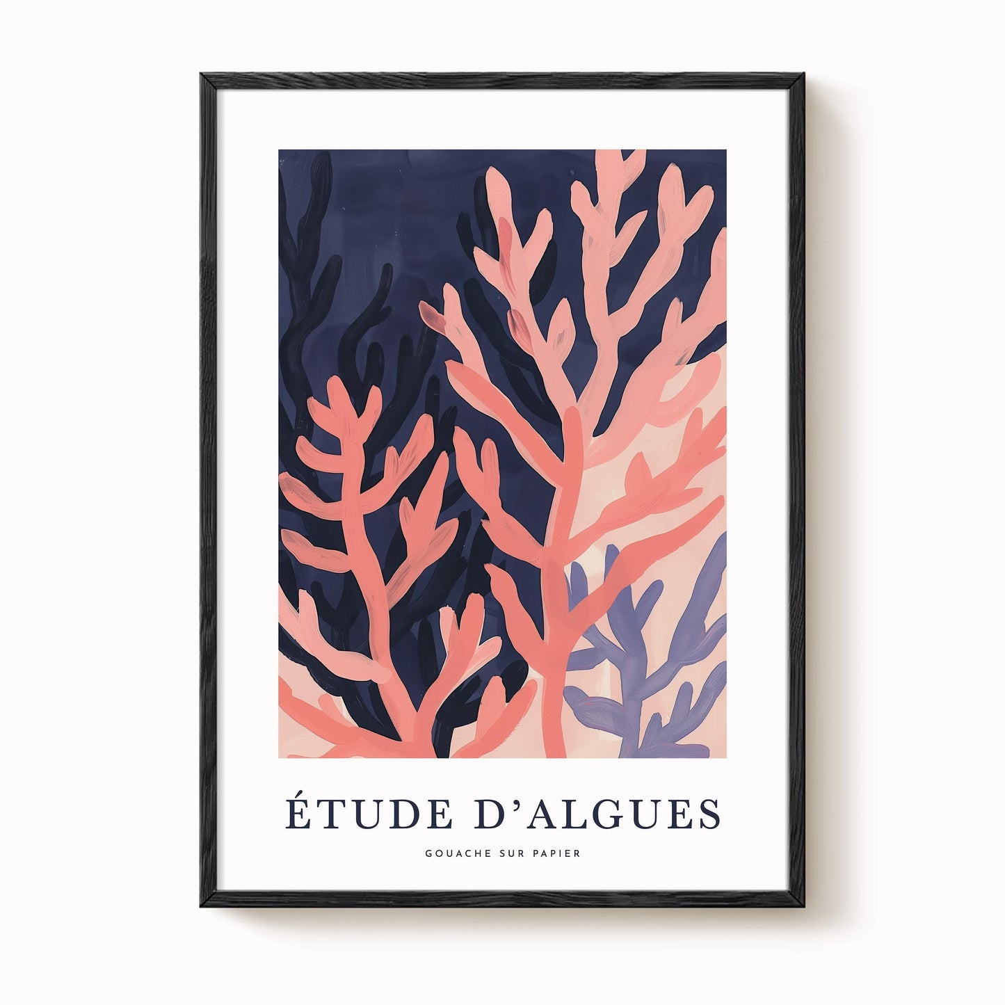 The image is a framed poster with a vibrant abstract design featuring a mix of pink and blue colors, resembling a coral reef or underwater plant life.