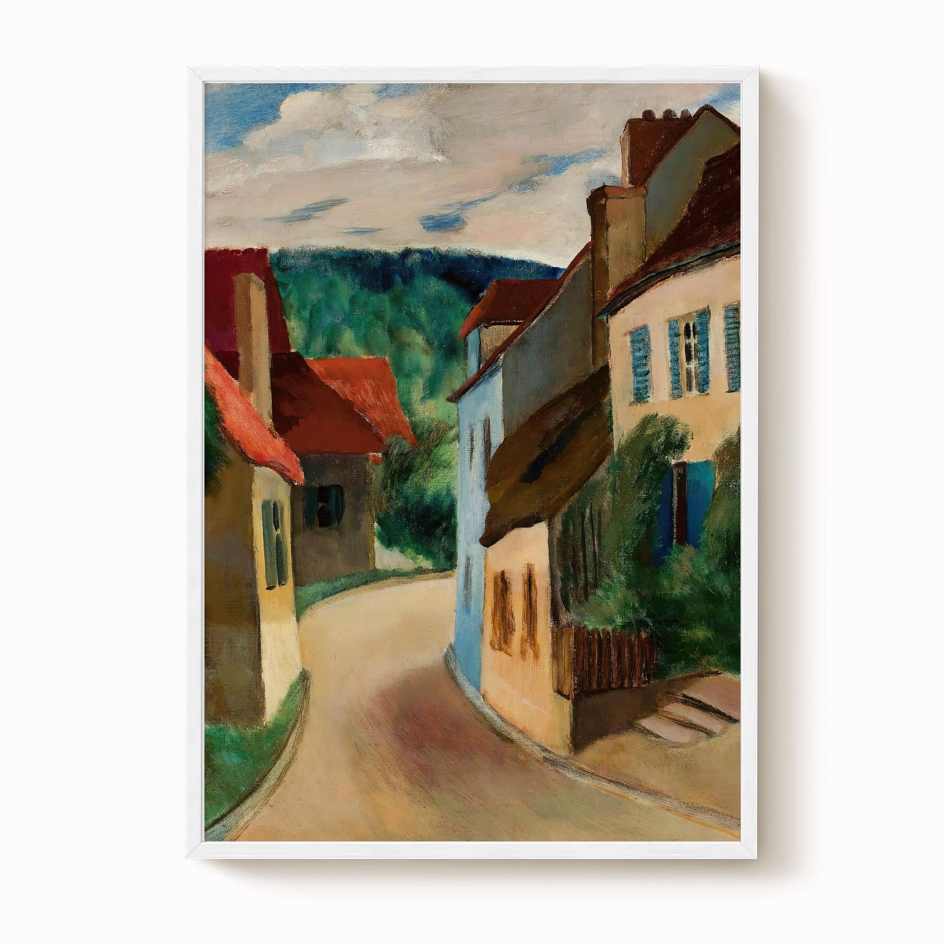 The image is a painting depicting a quaint village street with colorful houses and a winding road.