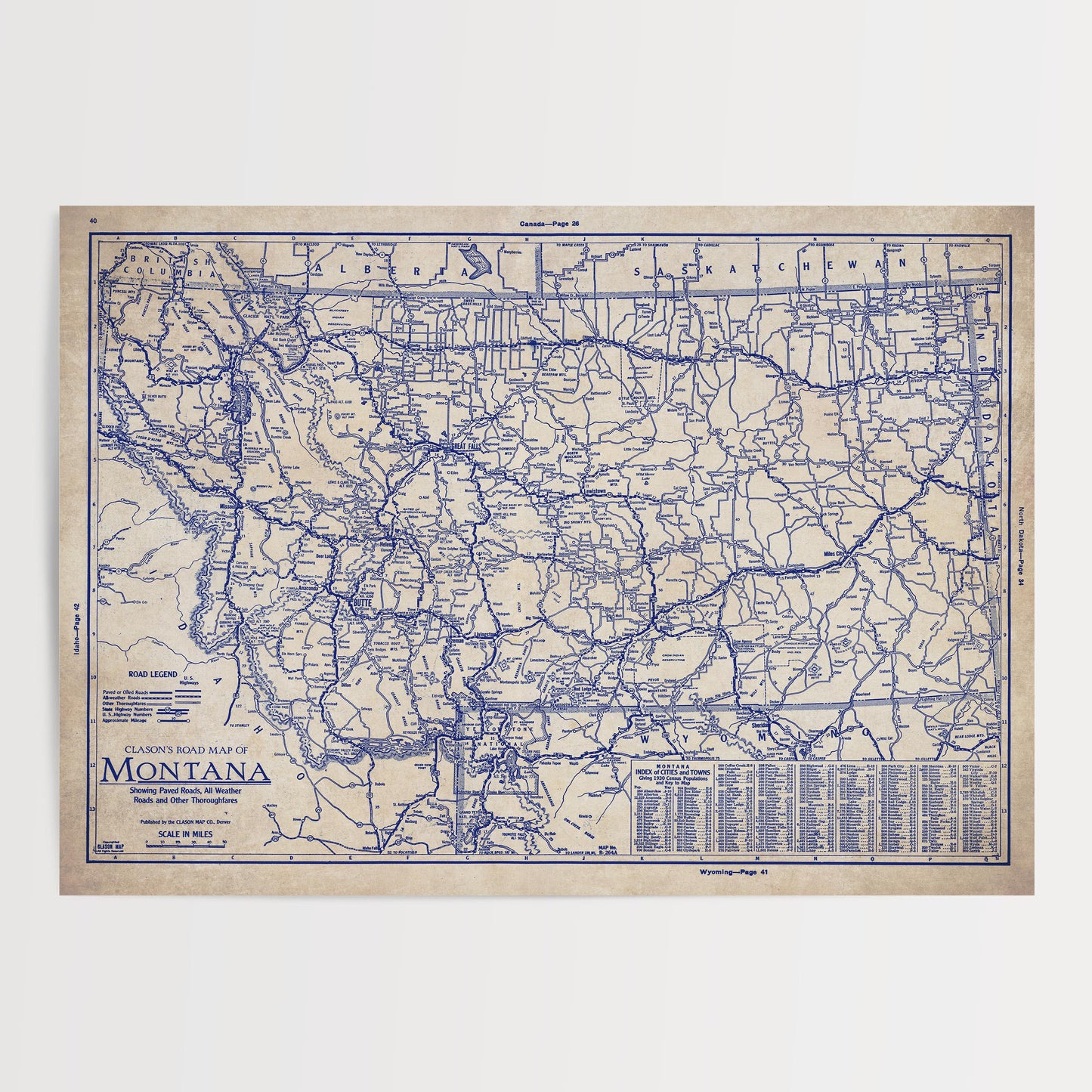 The image is a vintage road map of Montana, showing the state's roads and highways in blue.
