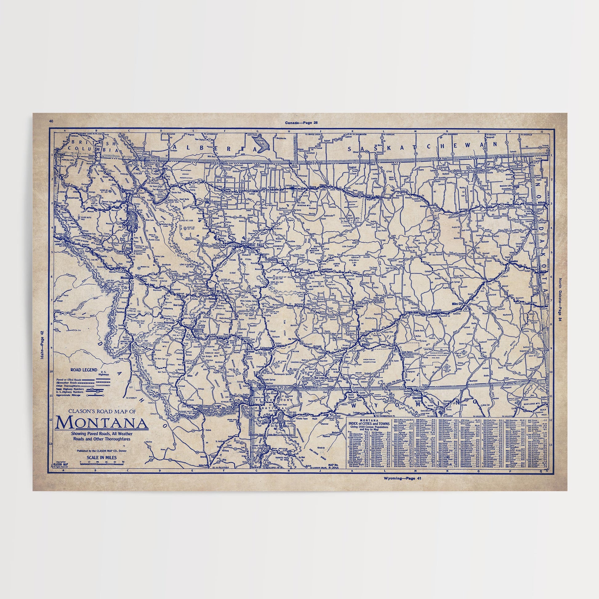 The image is a vintage road map of Montana, showing the state's roads and highways in blue.