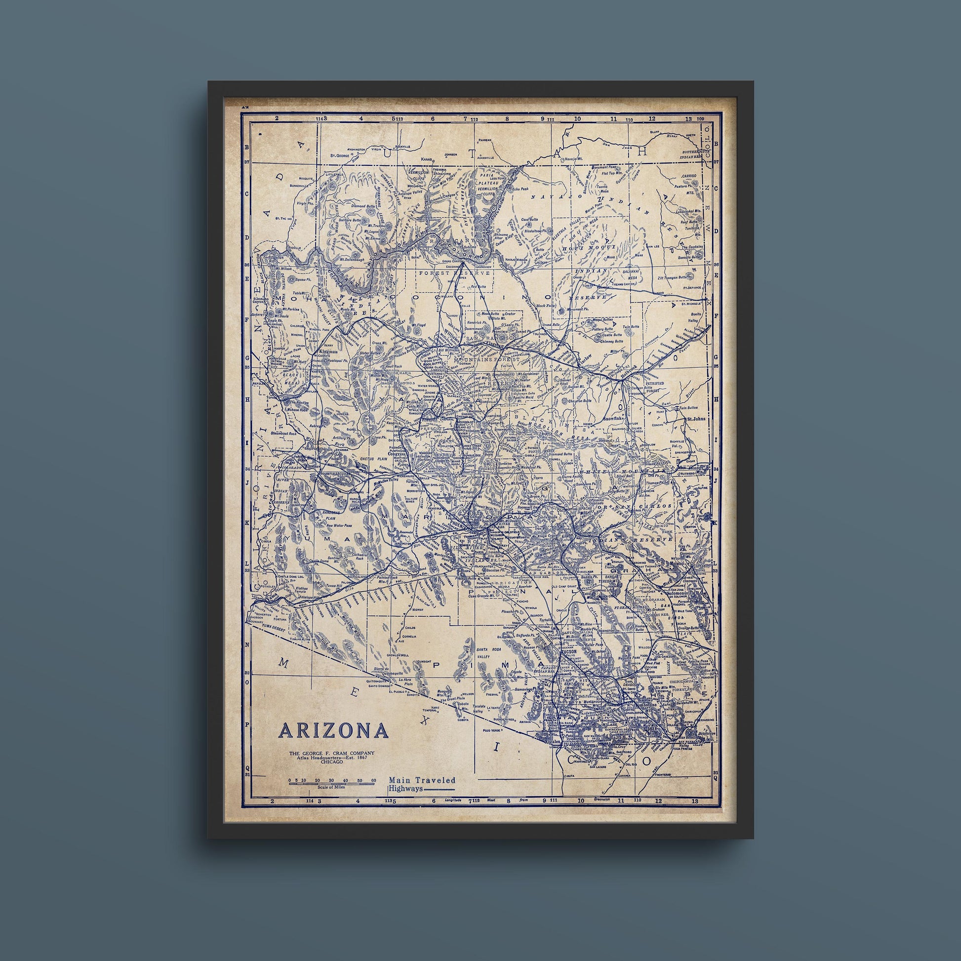 The image is a framed vintage map of Arizona, depicting the state's geographical layout and surrounding areas.