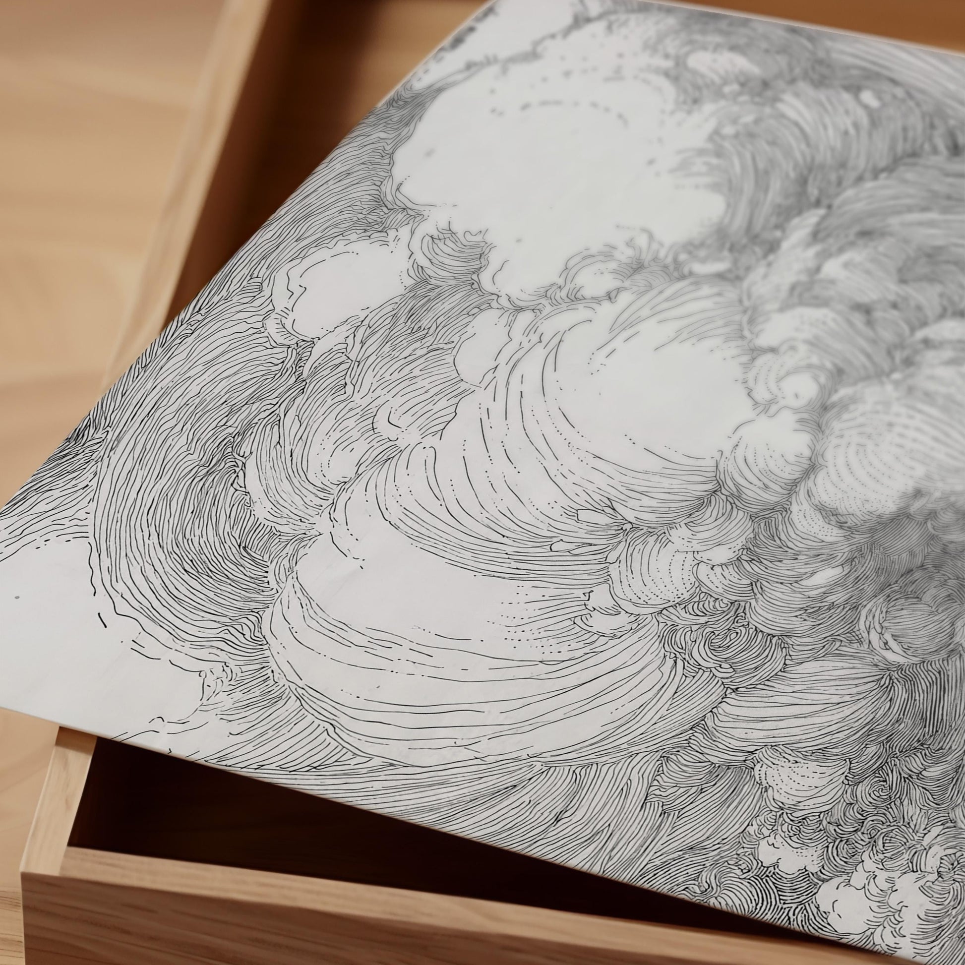 a close-up view of a piece of paper with an intricate, abstract design in black and white.