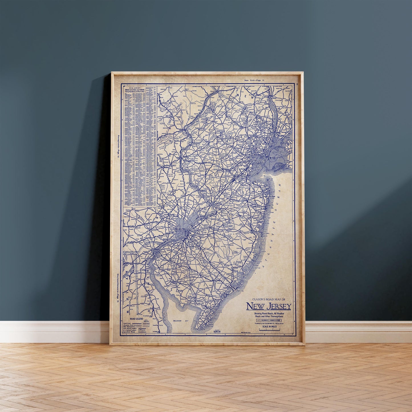 The image is a framed vintage map of New Jersey, showing the state's roads and highways.