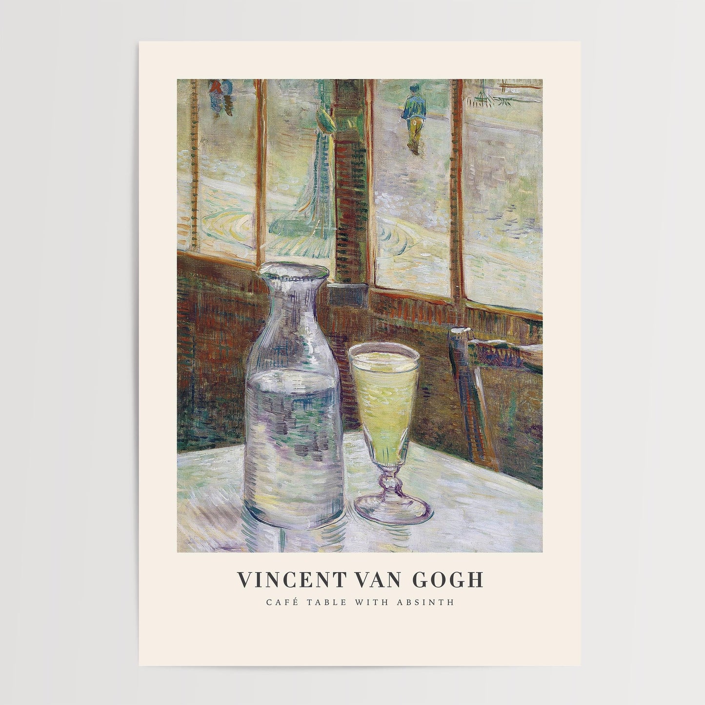 The image is a painting by Vincent van Gogh depicting a table with a glass of wine and a bottle of water.