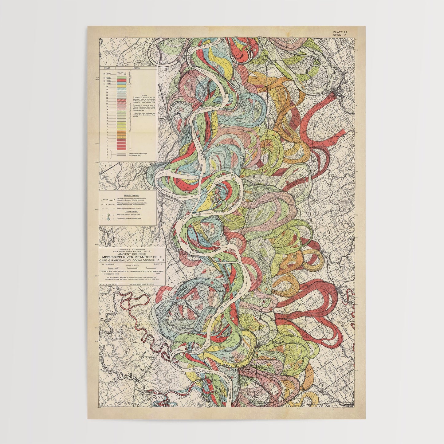 Harold Fisk Mississippi River Map Print, Helena AR to Rosedale MS, Plate 22, Sheet 7