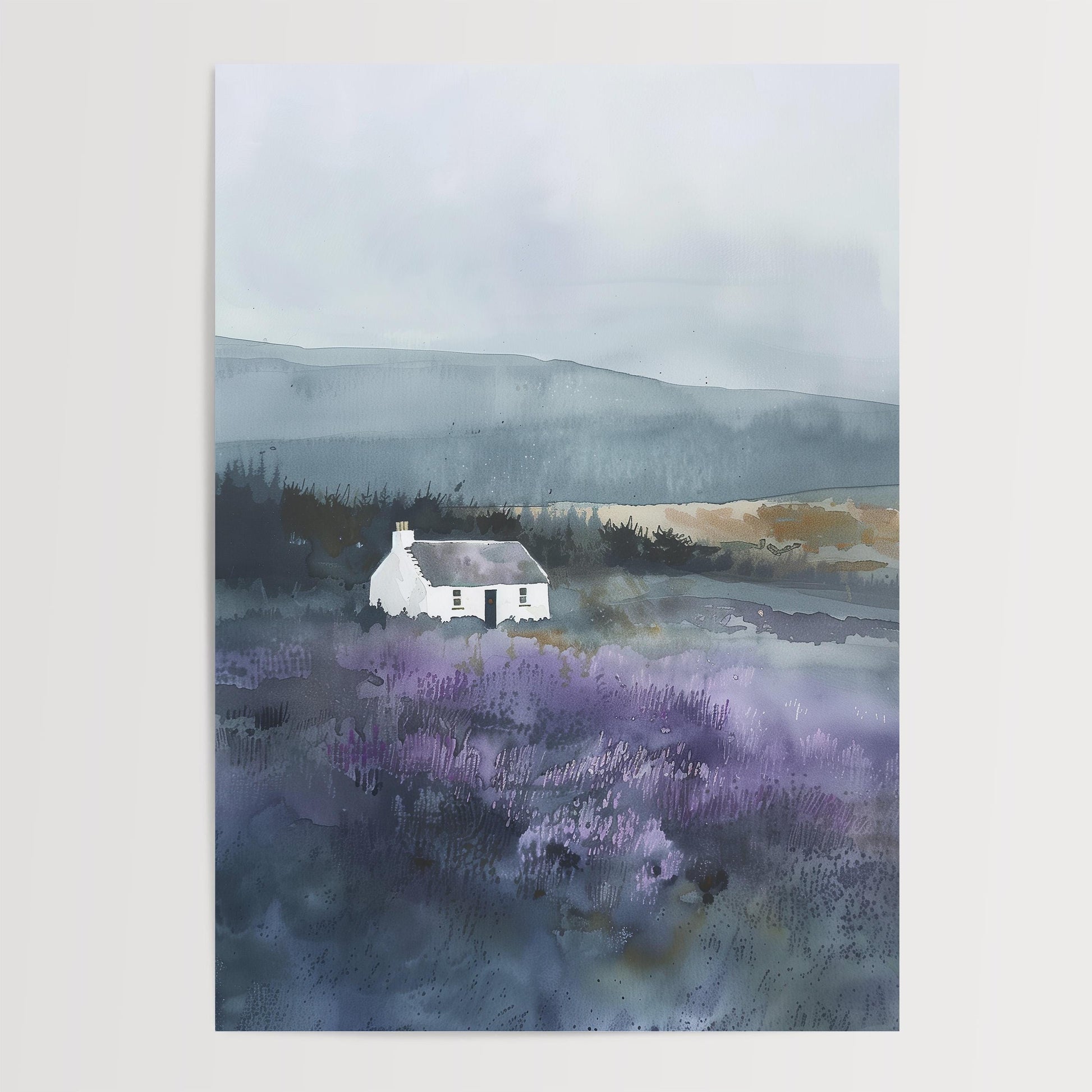 A white cottage is situated in a field of purple flowers, with a hazy, misty background.