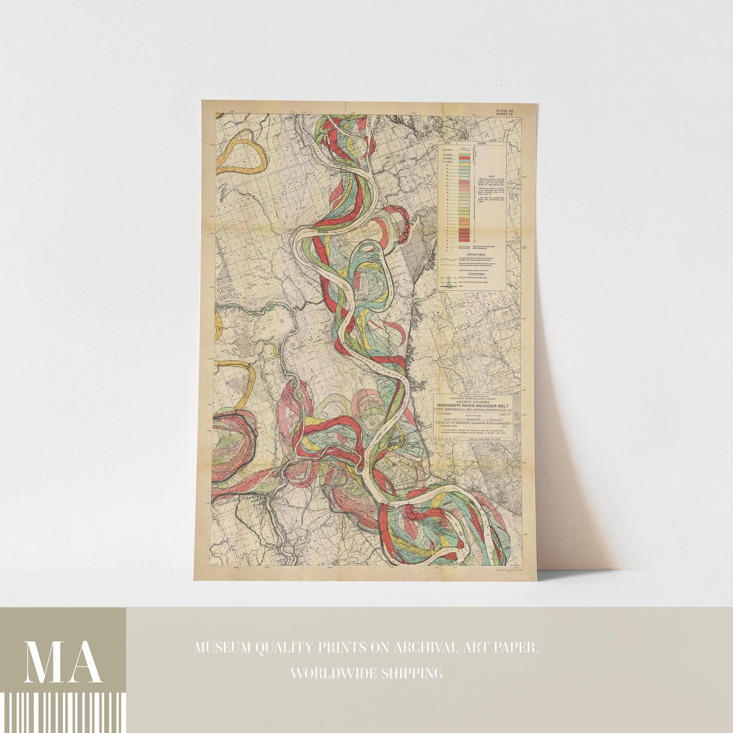 Harold Fisk Mississippi River Map Print, Melville, LA to Donaldsonville, LA, Plate 22, Sheet 13