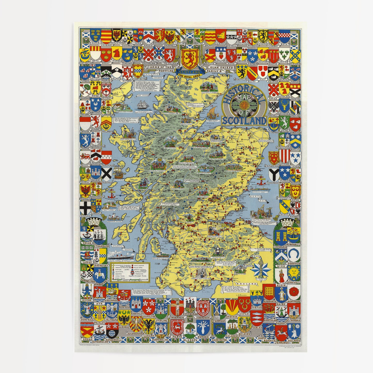 The image is a colorful and detailed map of Scotland, featuring various national symbols and coat of arms from different regions of the country.