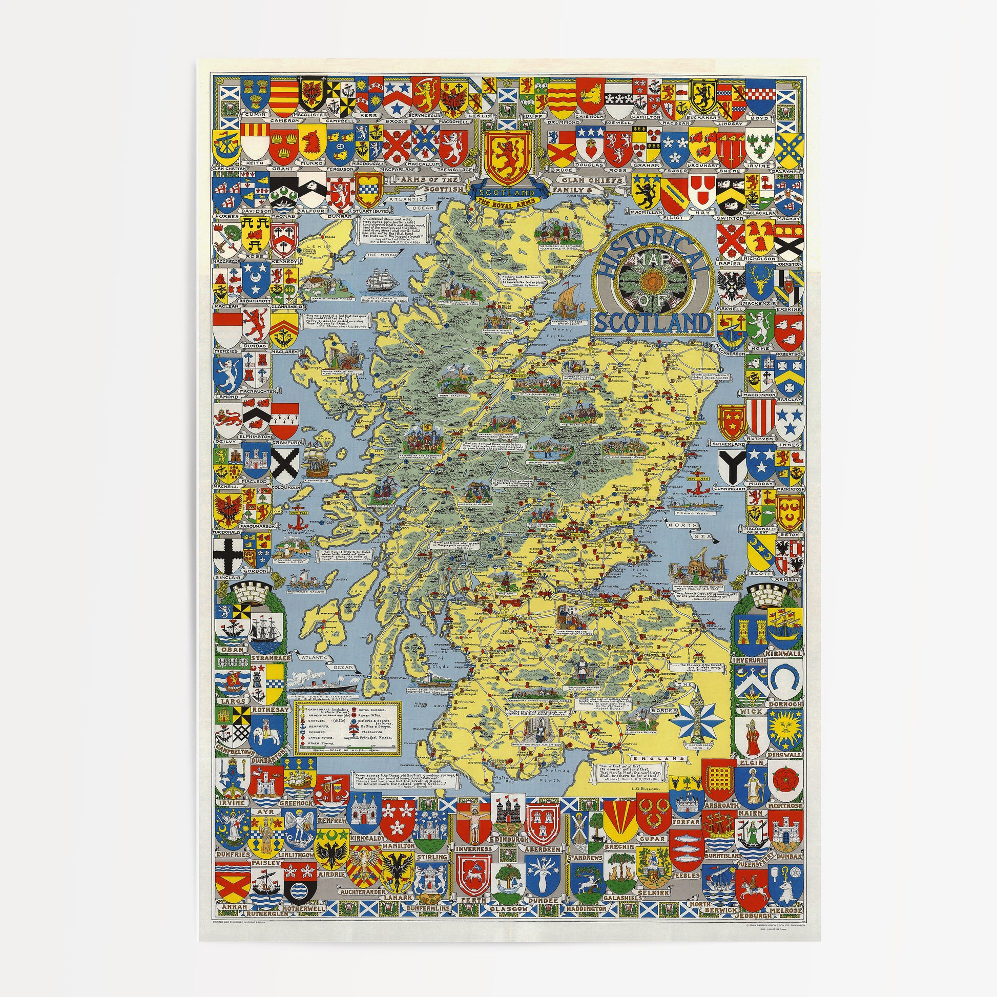 The image is a colorful and detailed map of Scotland, featuring various national symbols and coat of arms from different regions of the country.