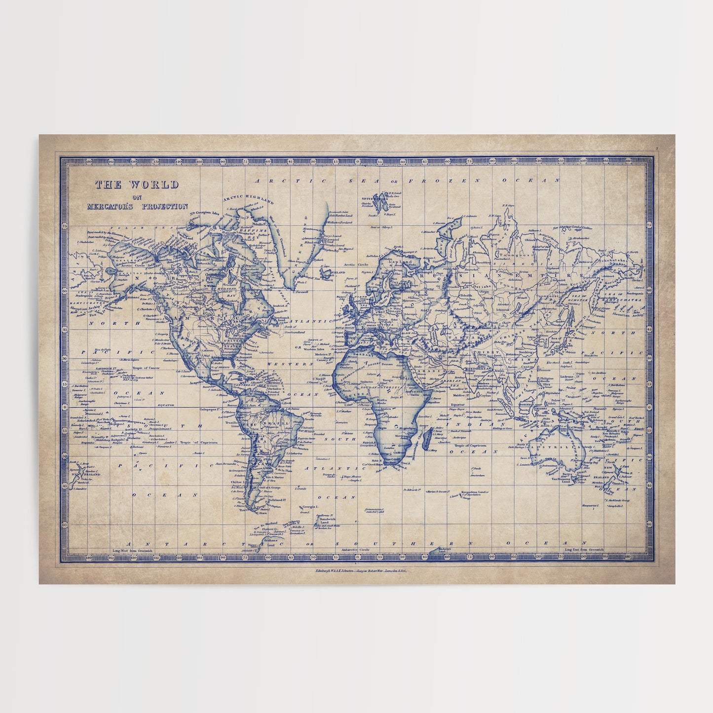 The image is a vintage world map with a blue and white color scheme, depicting the continents and oceans in a detailed manner.