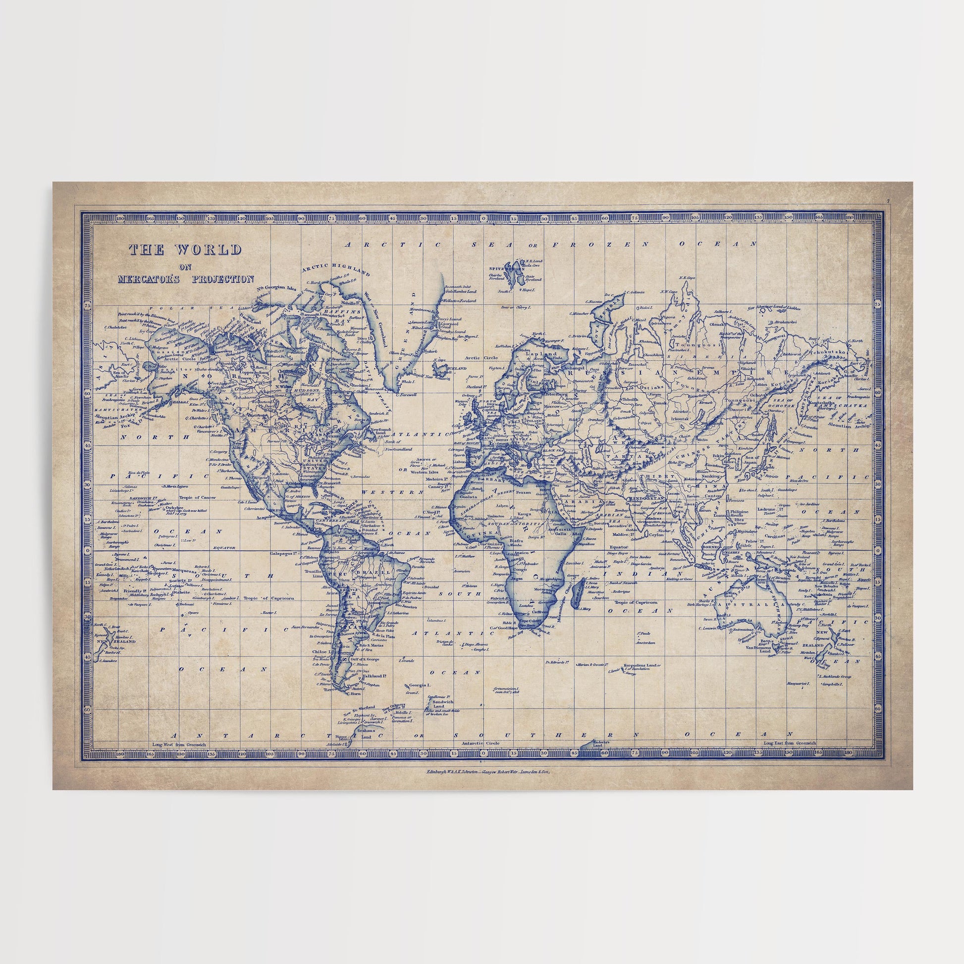 The image is a vintage world map with a blue and white color scheme, depicting the continents and oceans in a detailed manner.