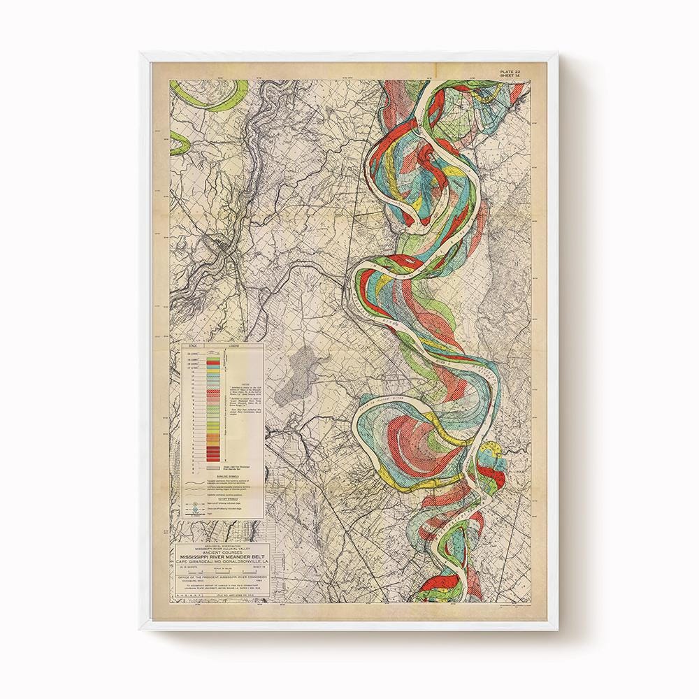 Harold Fisk Mississippi River Map Print, Donaldsonville to Baton Rouge, LA, Plate 22, Sheet 14