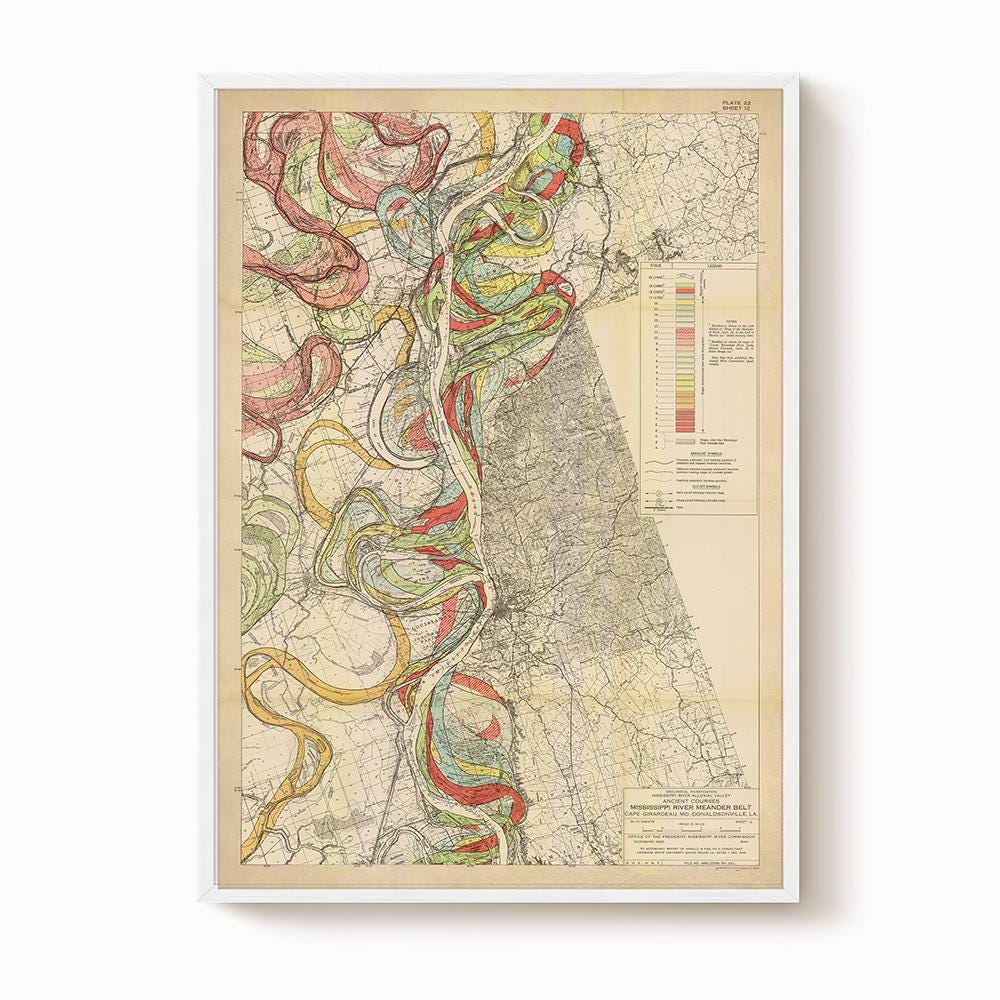 Harold Fisk Mississippi River Map Print, Old River to Morganza, Plate 22, Sheet 12