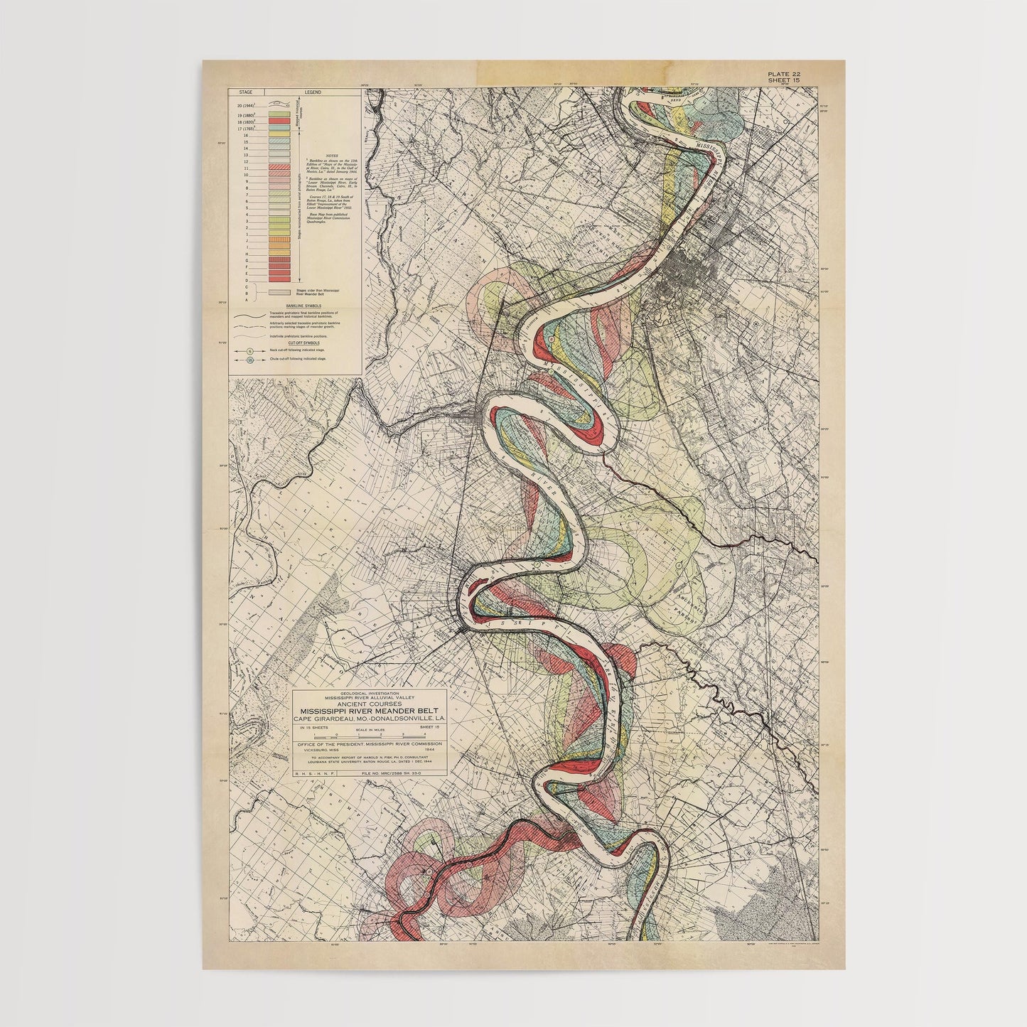 Harold Fisk Mississippi River Map Print, Baton Rouge to New Orleans, Plate 22, Sheet 15