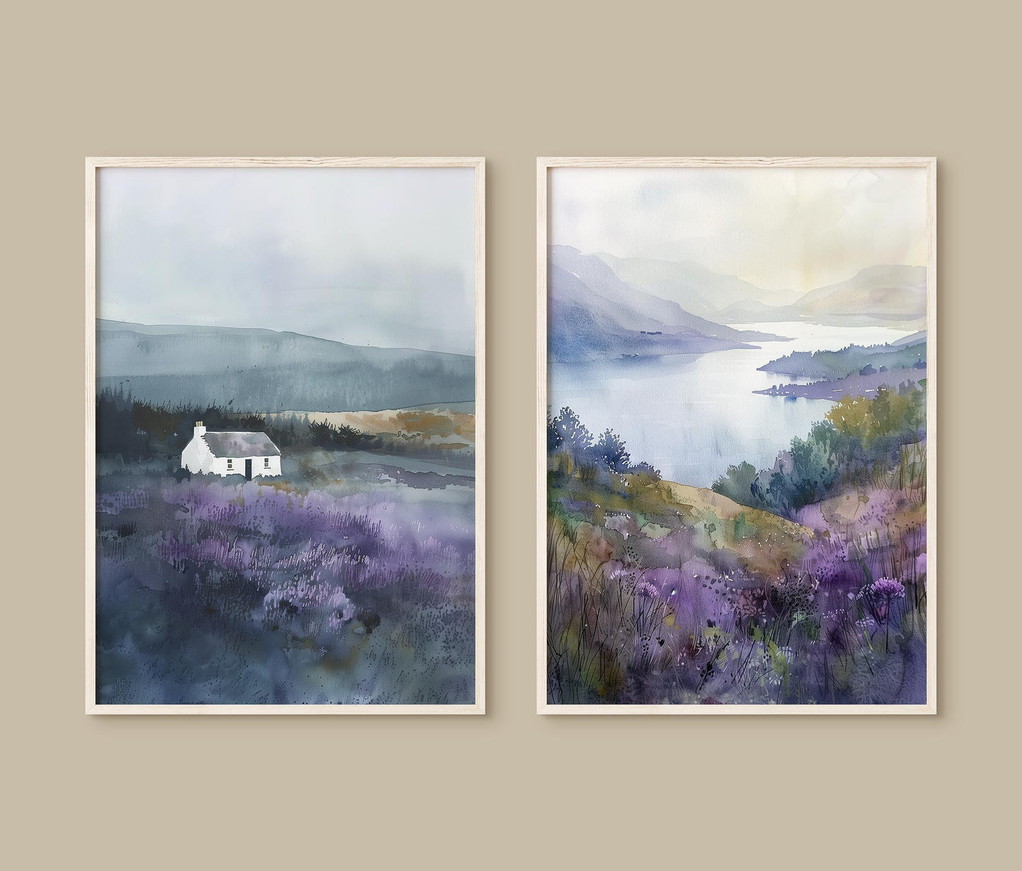 two pictures of a serene landscape. The first picture shows a small white house nestled in a field of purple flowers, with a body of water in the background. The second picture depicts a similar scene, with a small white house surrounded by a field of purple flowers and a body of water in the background.