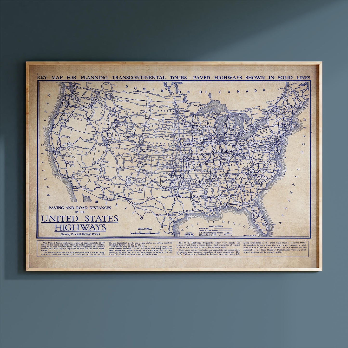The image is a framed vintage map of the United States, showing the key highways and road systems in solid lines.
