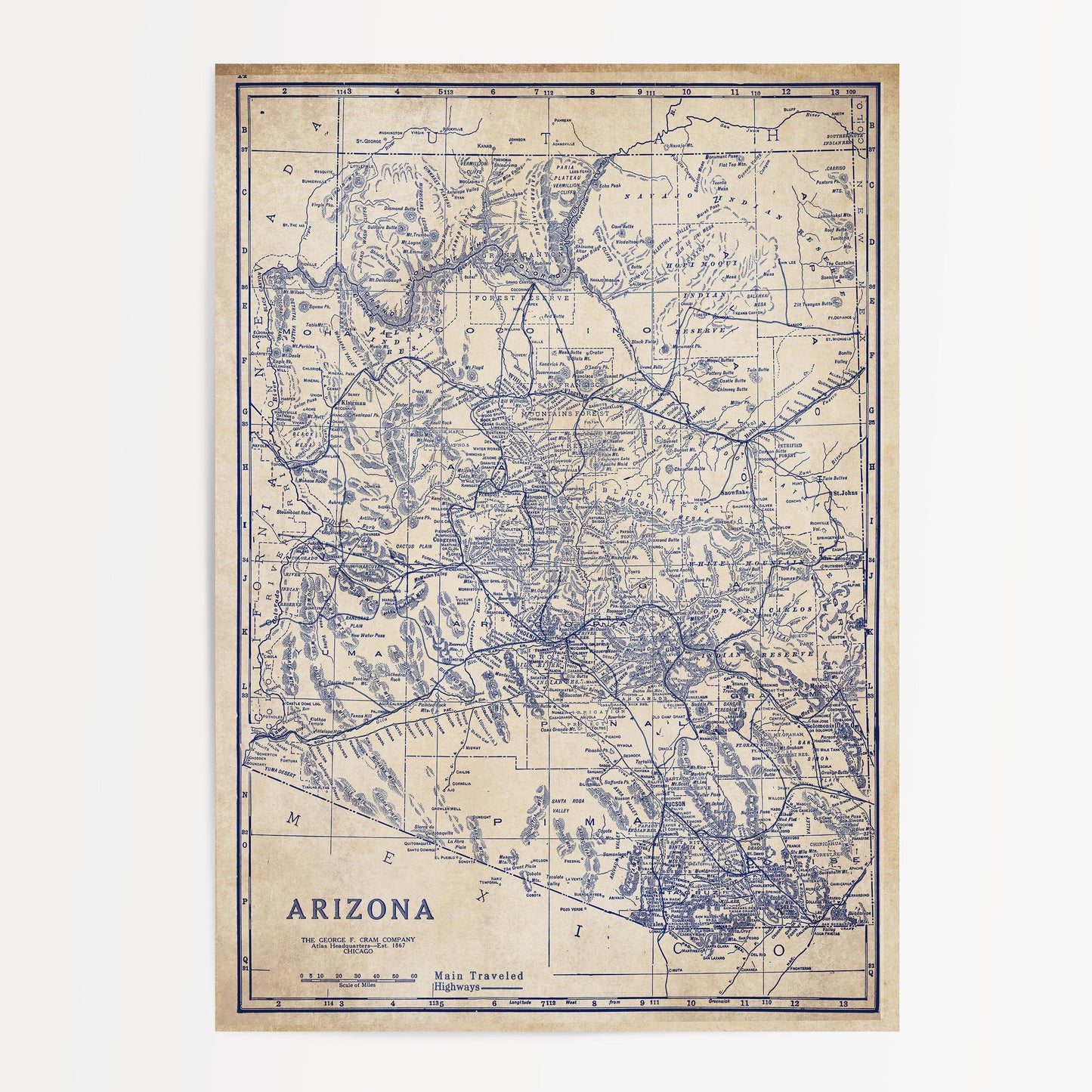 The image is a vintage map of the western United States, specifically focusing on the state of Arizona.