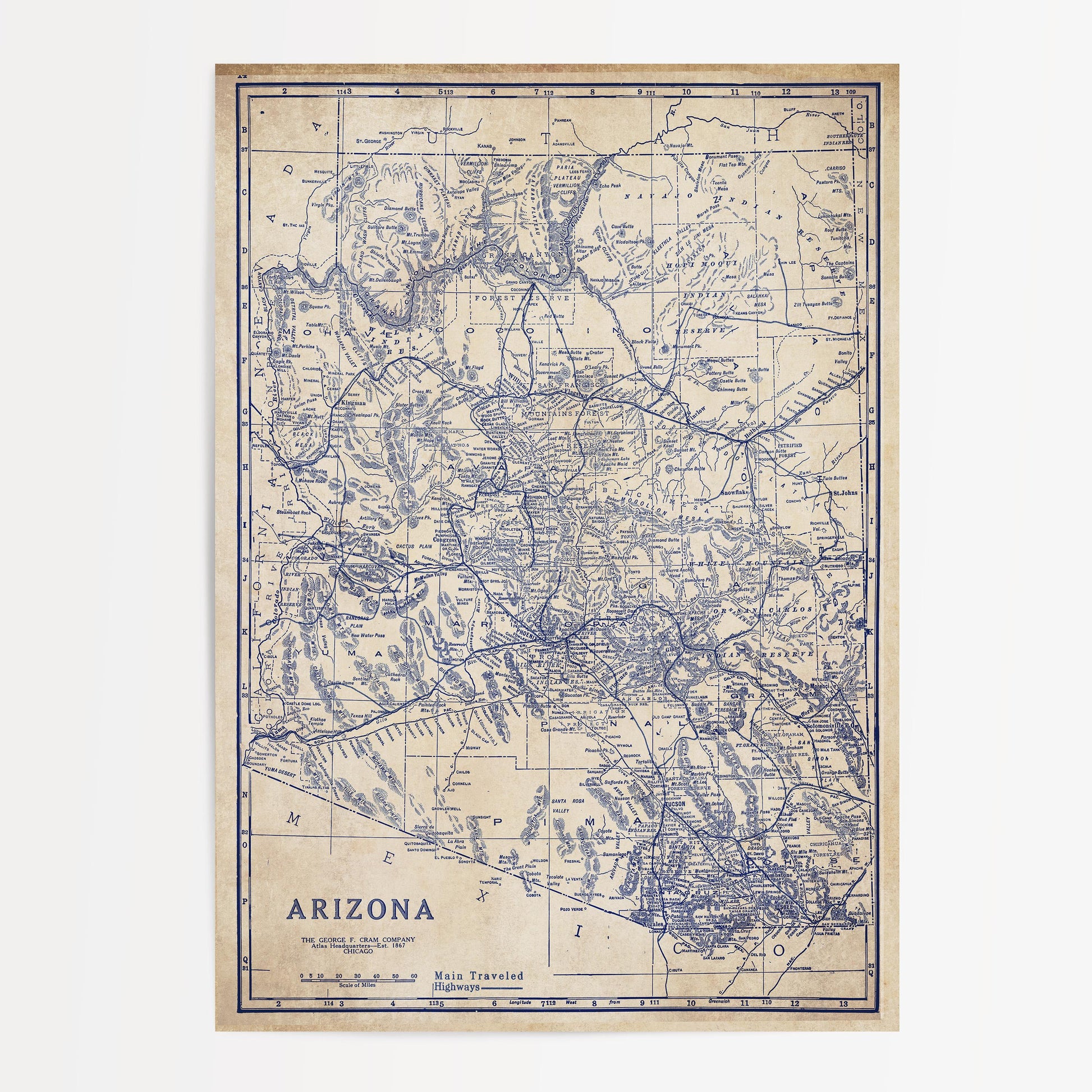 The image is a vintage map of the western United States, specifically focusing on the state of Arizona.