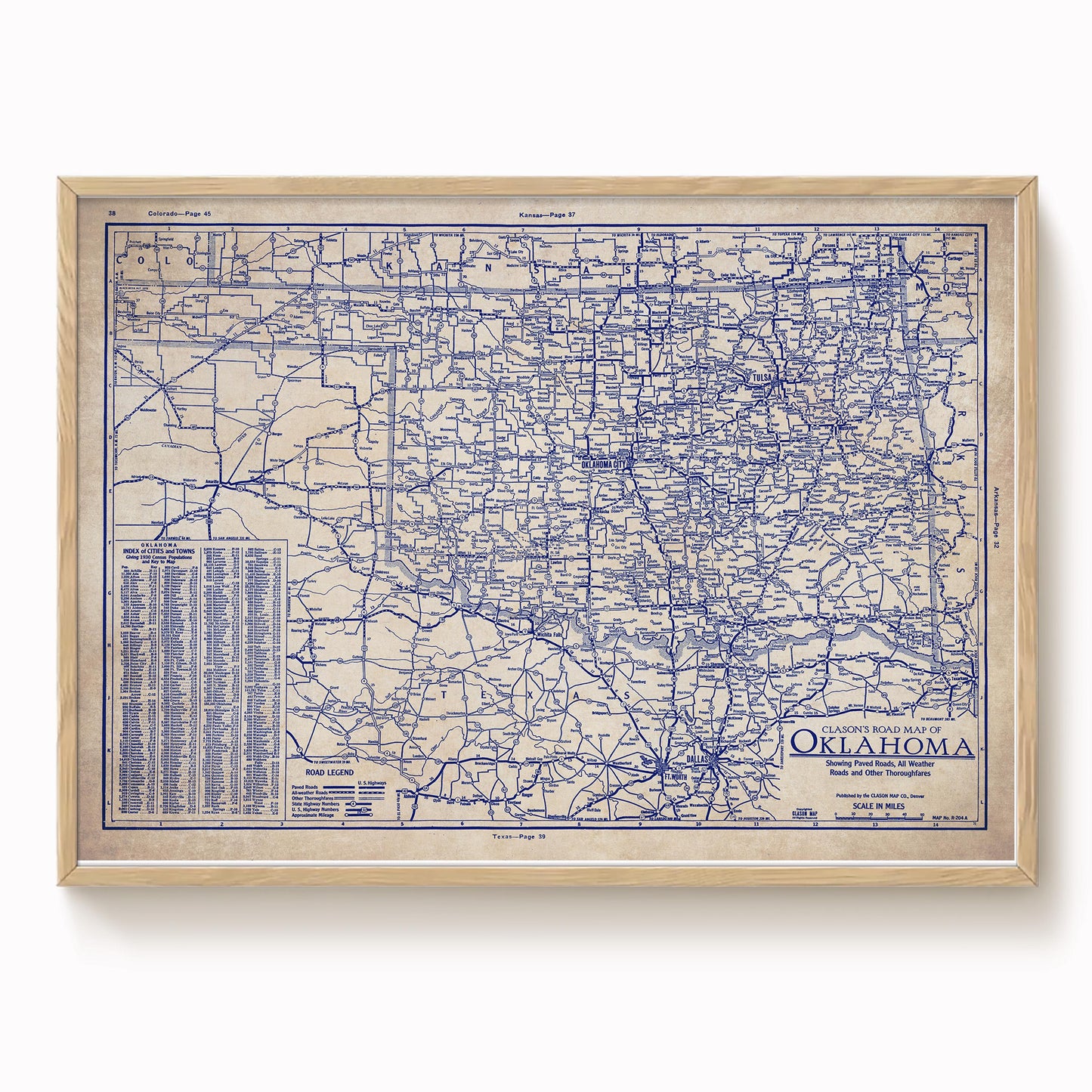 The image is a framed vintage map of Oklahoma, showing the state's roads and highways in a detailed and intricate manner.