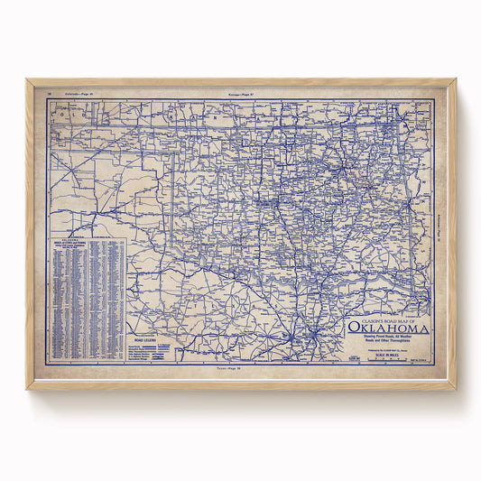 The image is a framed vintage map of Oklahoma, showing the state's roads and highways in a detailed and intricate manner.