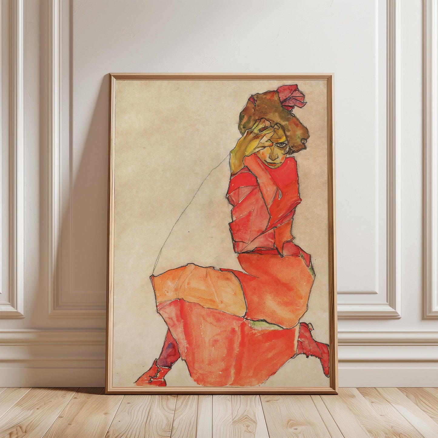 Egon Schiele - Kneeling Female in Orange-Red Dress Print