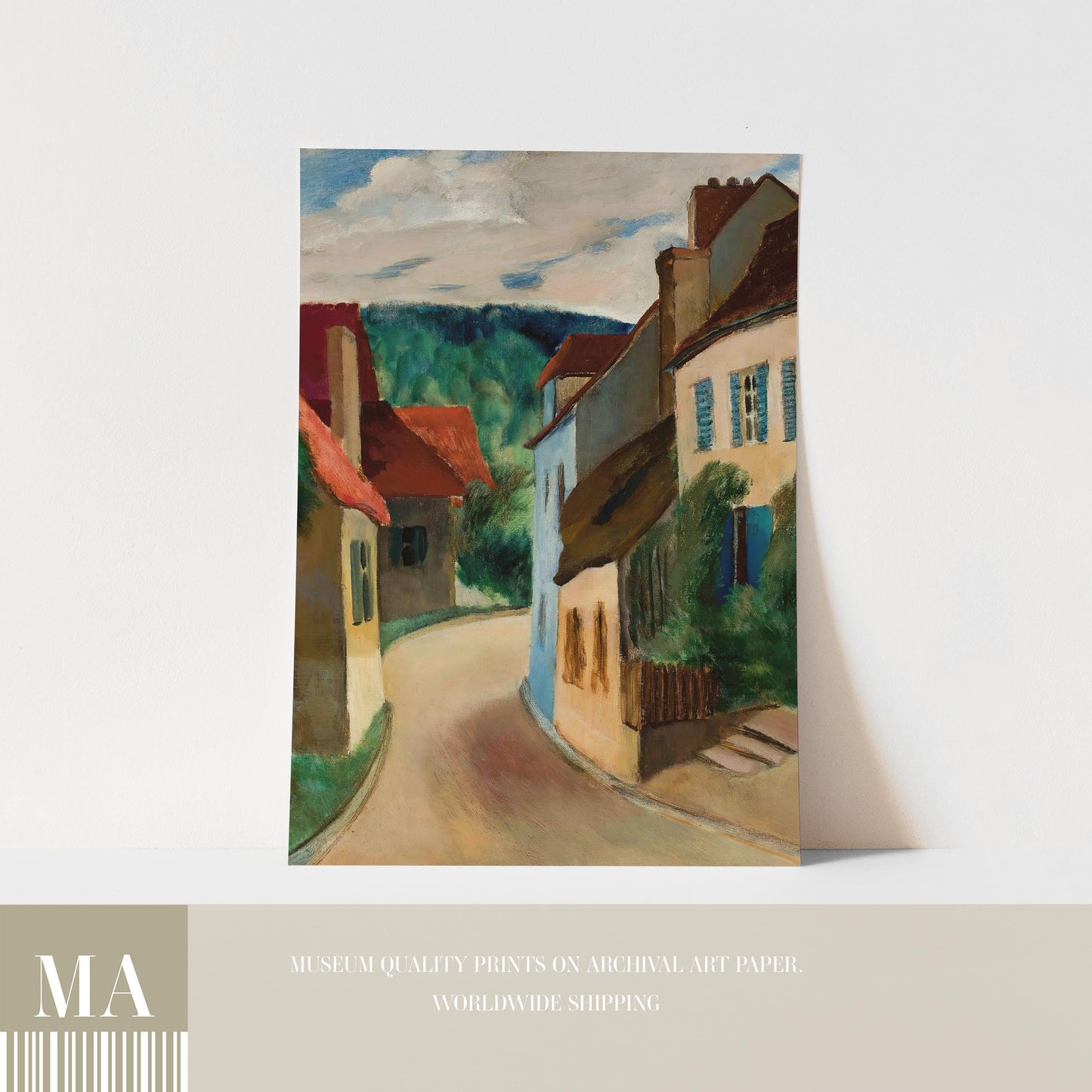 The image is a painting depicting a quaint village street with colorful buildings, trees, and a winding road.