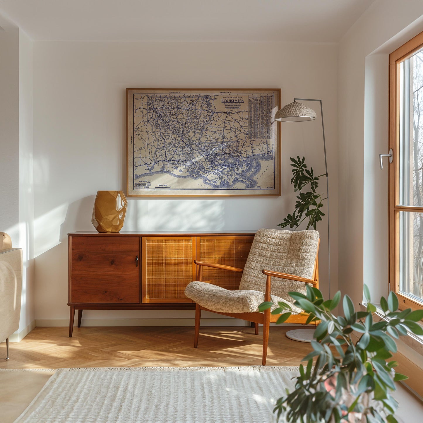 a cozy living room with a wooden cabinet, a comfortable armchair, and a large map on the wall.