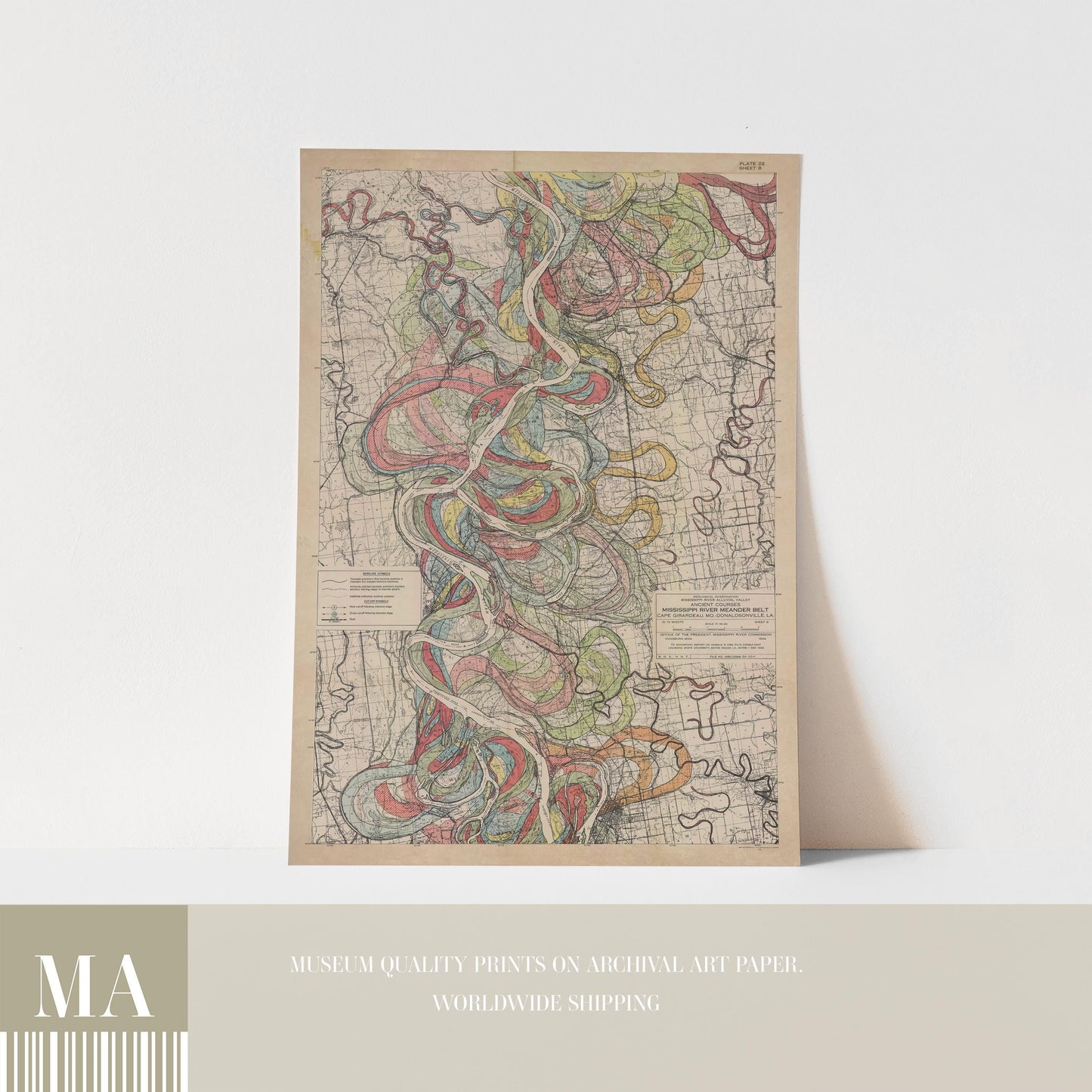 Harold Fisk Mississippi River Map Print, Rosedale to Greenville, Plate 22, Sheet 8